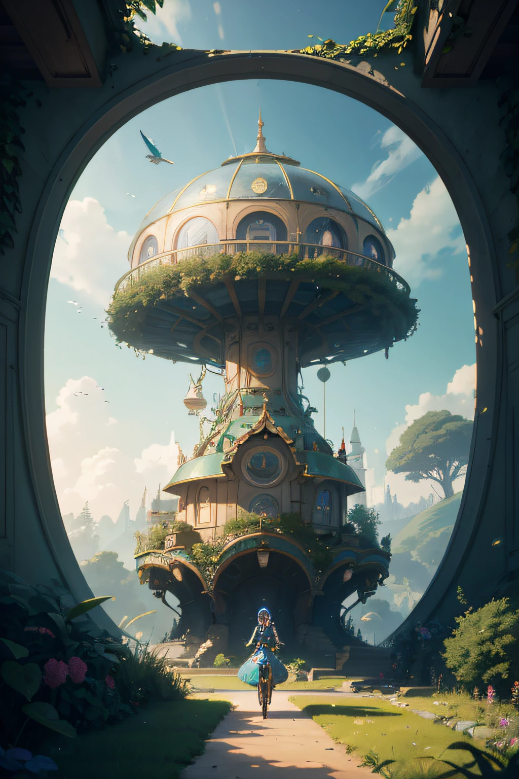 There is a girl riding a mechanical peacock walking on the path in front of the building, 3 d render beeple, Fantasy art Behance, surreal concept art, fantasy style 8 k octane render, (rendering by octane) Fantasy style, Artstation contest winner, beautiful render of a fairytale, Rolands Zilvinskis 3D rendering art, arstation and beeple highly