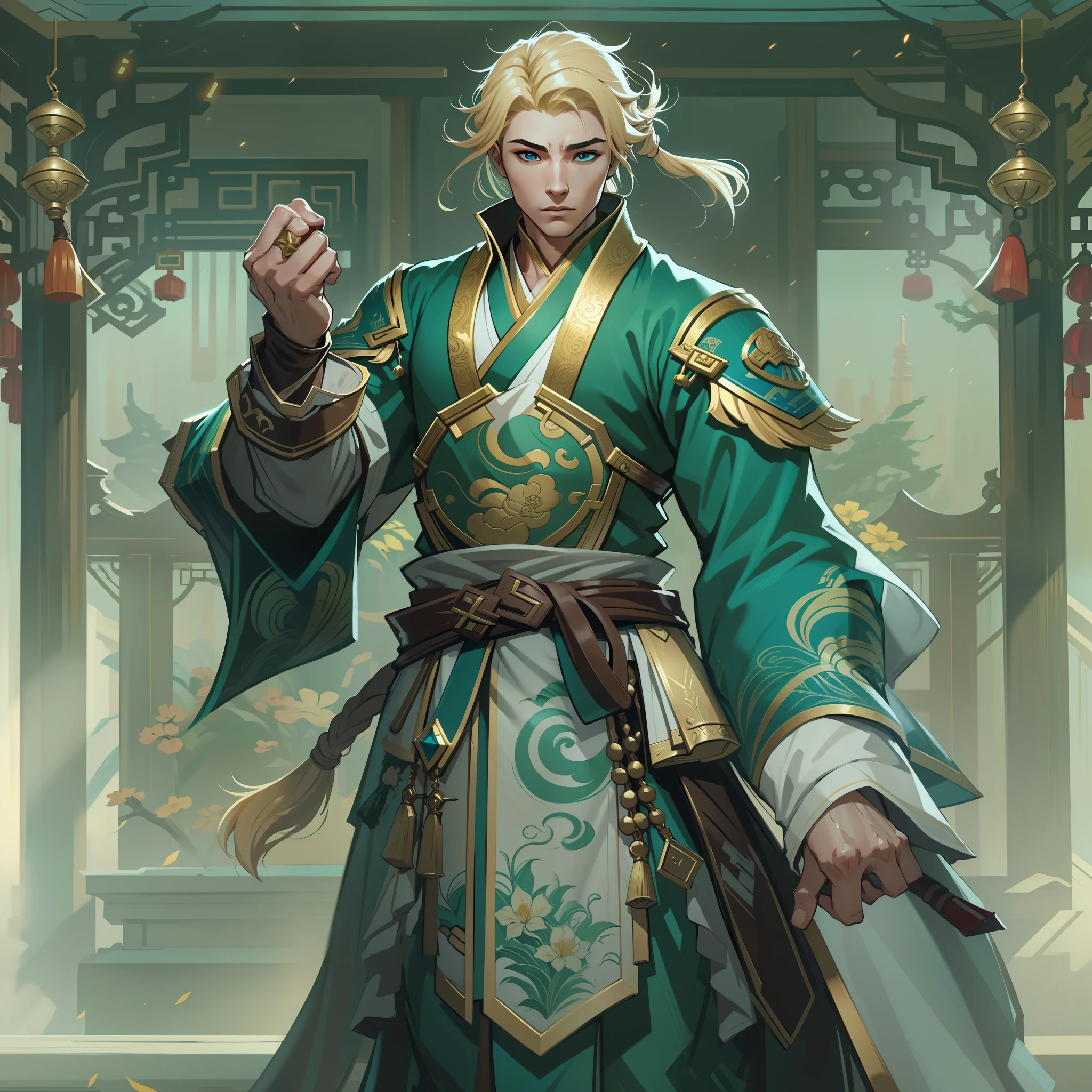 a close up of a strong man in his 30's, with hazel eyes and very short curly blonde hair, wearing a blue and green fighter's outfit, a hero with hazel eyes, male barehanded fist fighter, mage with air magic, standing in a chinese temple, new costume concept design, in the style of blade and soul, full body character concept, detailed character design, inspired by Yang Jin, inspired by Li Mei-Shu, chinese costume, inspired by Lan Ying, inspired by Sim Sa-Jeong, inspired by Li Tang, lunar themed attire, costume with gold accents, inspired by Ju Lian, colored concept art, highly detailed character design, highly detailed face, inspired by Ai Xuan, very highly detailed face, unreal engine render, final fantasy 14 style, inspired by Leng Mei