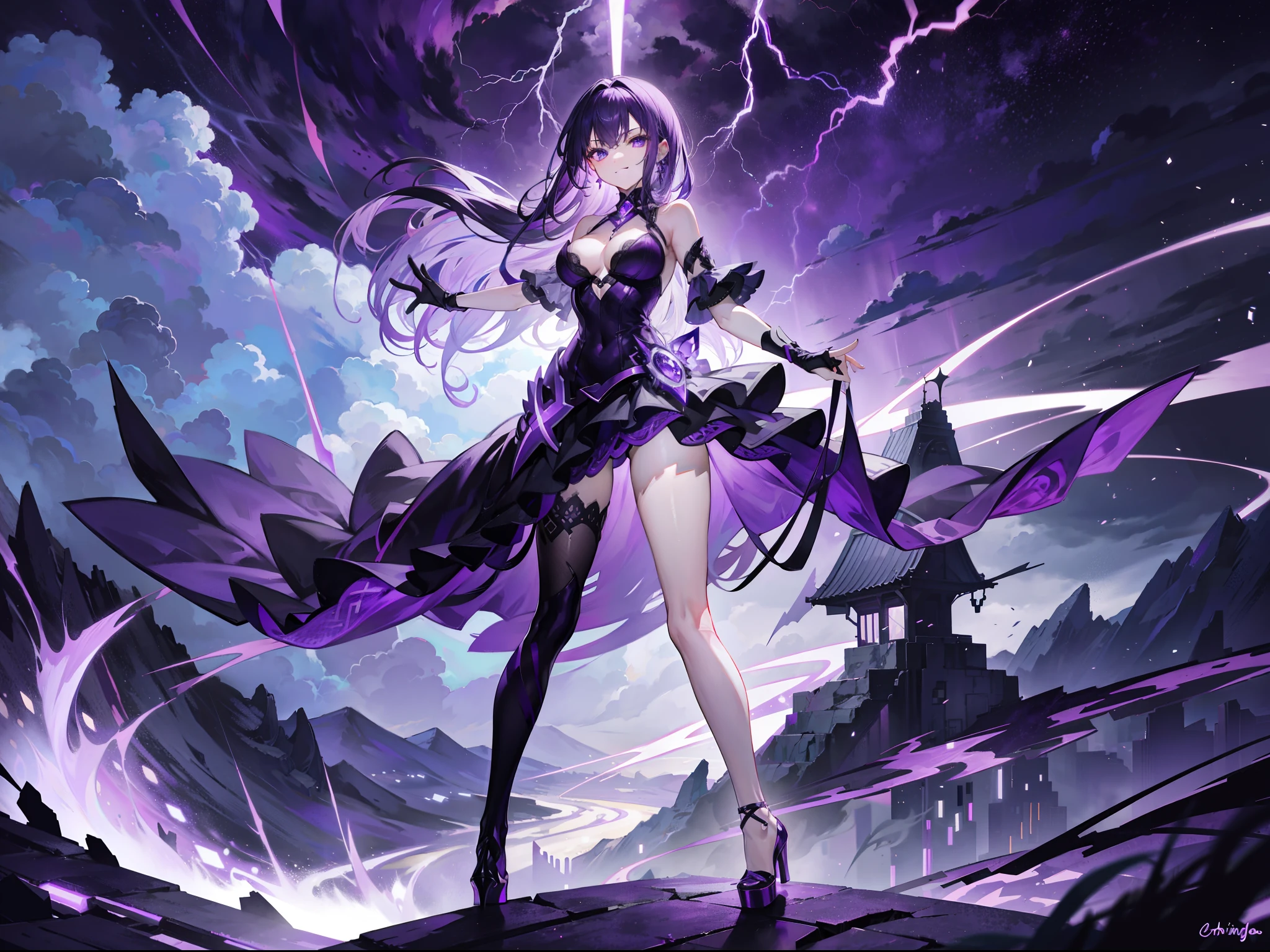 Purple-haired beautiful girl，Slim figure，emaciated，purple dress，Holding a huge purple houndstooth in his hand，Raise the chidori in your hand，Interconnect with purple lightning in the sky，Stand in the background of purple lightning storm covered with dark clouds，Covered in purple lightning，Purple high heels，Bare legged，Stand on top of plenty of purple lightning and storms，With a sinister smile