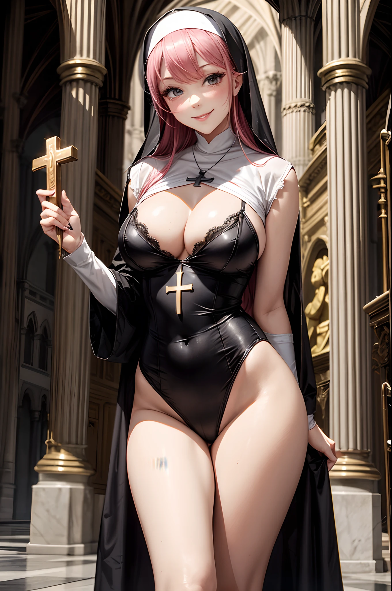 A seductive nun, adorned in a sexy costume, stands provocatively inside a divine cathedral, holding a cross with a mischievous smile, embodying the essence