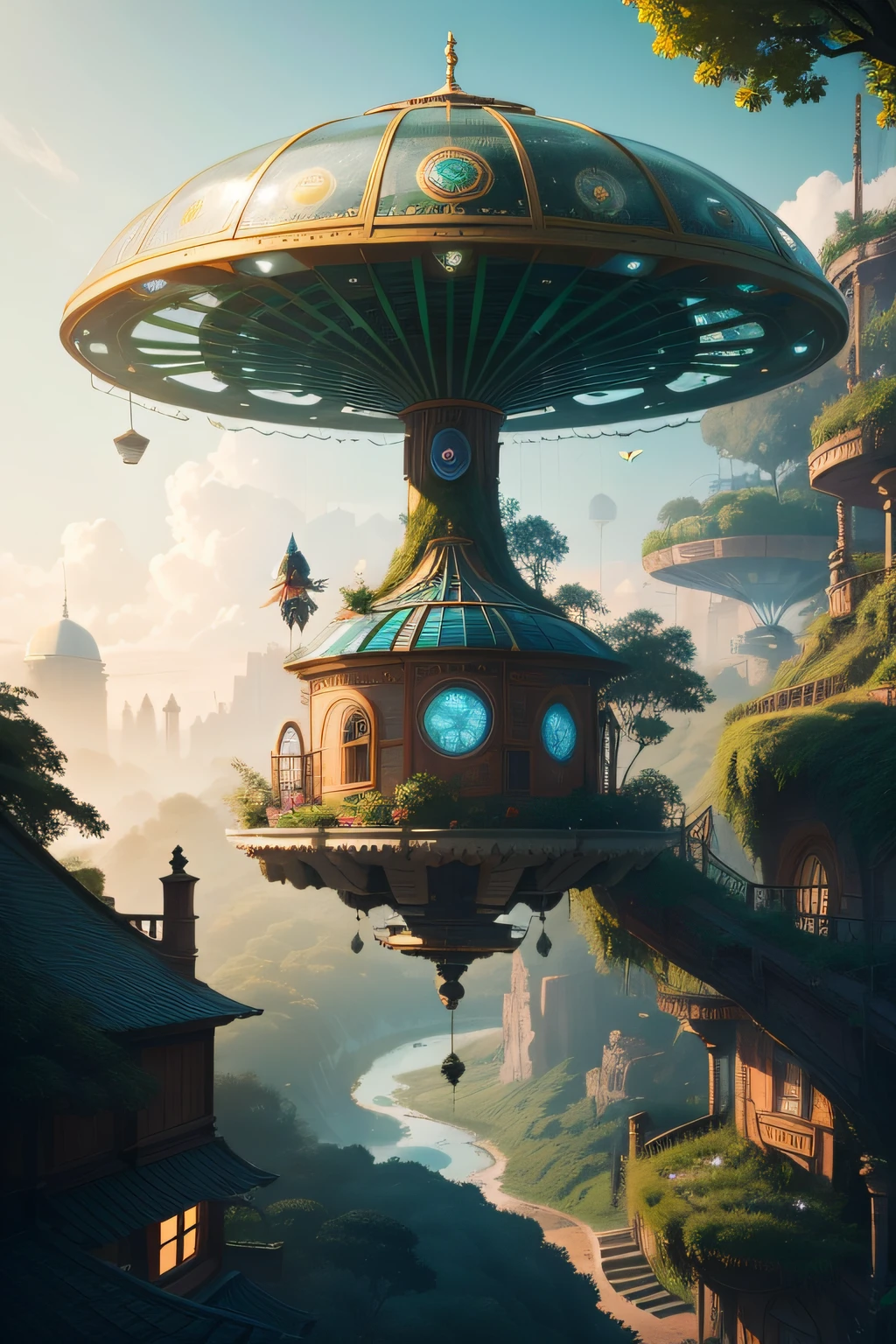 A sci-fi garden of the future，a ****** lovely *** girl，Riding a mechanical peacock with a very beautiful metallic sheen，Fly in front of a circular tree house in the garden，The scene is complex and vivid，beautiful with detail，high-definition picture quality