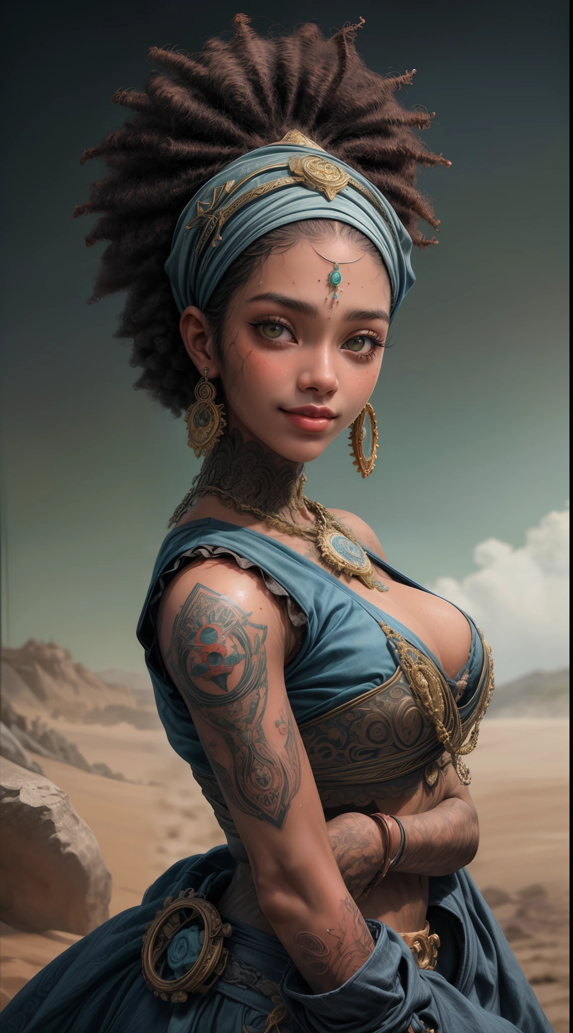 Retrato de uma jovem afro-americana de 18 anos sorrindo, tatuagens no rosto , olhos grandes azuis,boca carnuda com batom vermelho e piercing, with the medallion on the neck,brinco, penetrante , seios grandes, sweaty skin with imperfections,Tatuada no rosto, ((cabelo curto franja )),( wearing a headscarf)detalhes intricados ( 8k super realista)