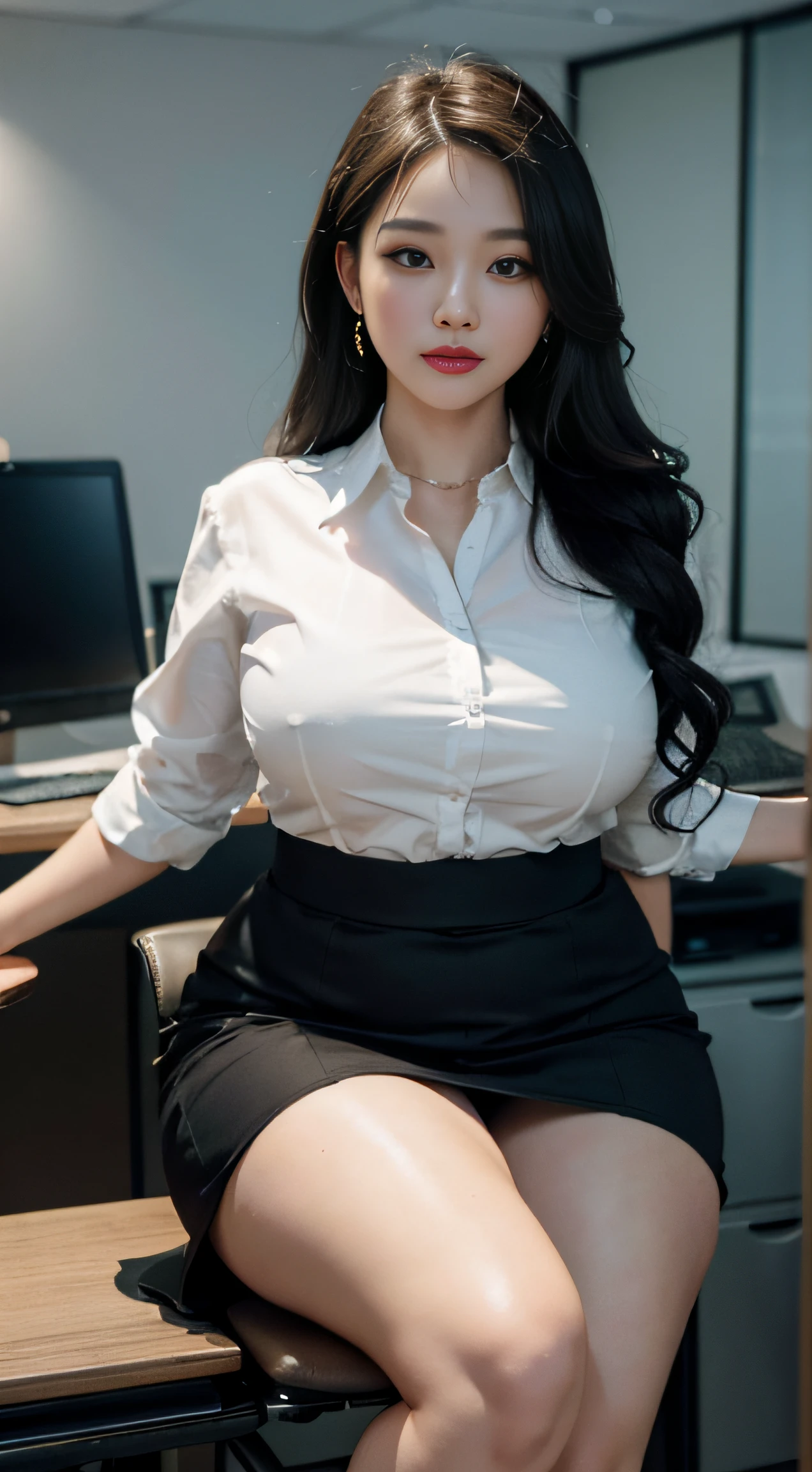 masterpiece、chubby figure、beautiful countenance、tre anatomically correct、Wearing a business suit、Double eyelids、Bunching hair、Fancy makeup、独奏、fullllbody、top-quality、4K、clong legs、Textured skin、Look at me、surrealistic、s Office