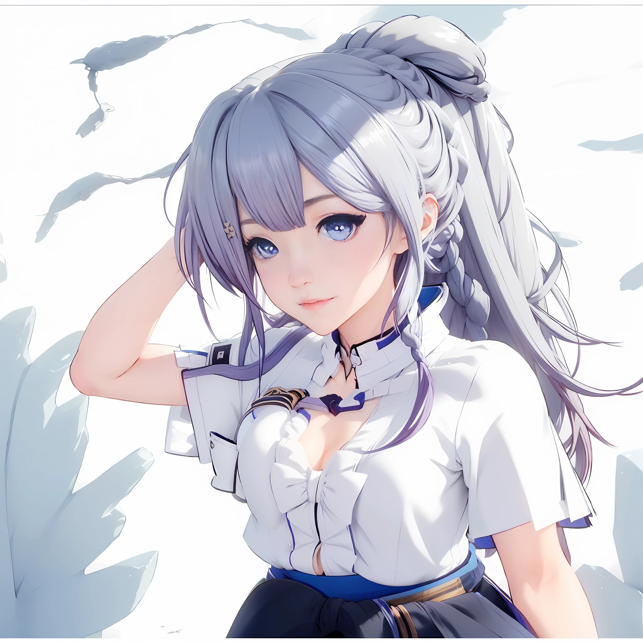 beautiful woman, japanese woman, blue hair, long hair, blue eyes, white shirt, blue skirt, details ,8k