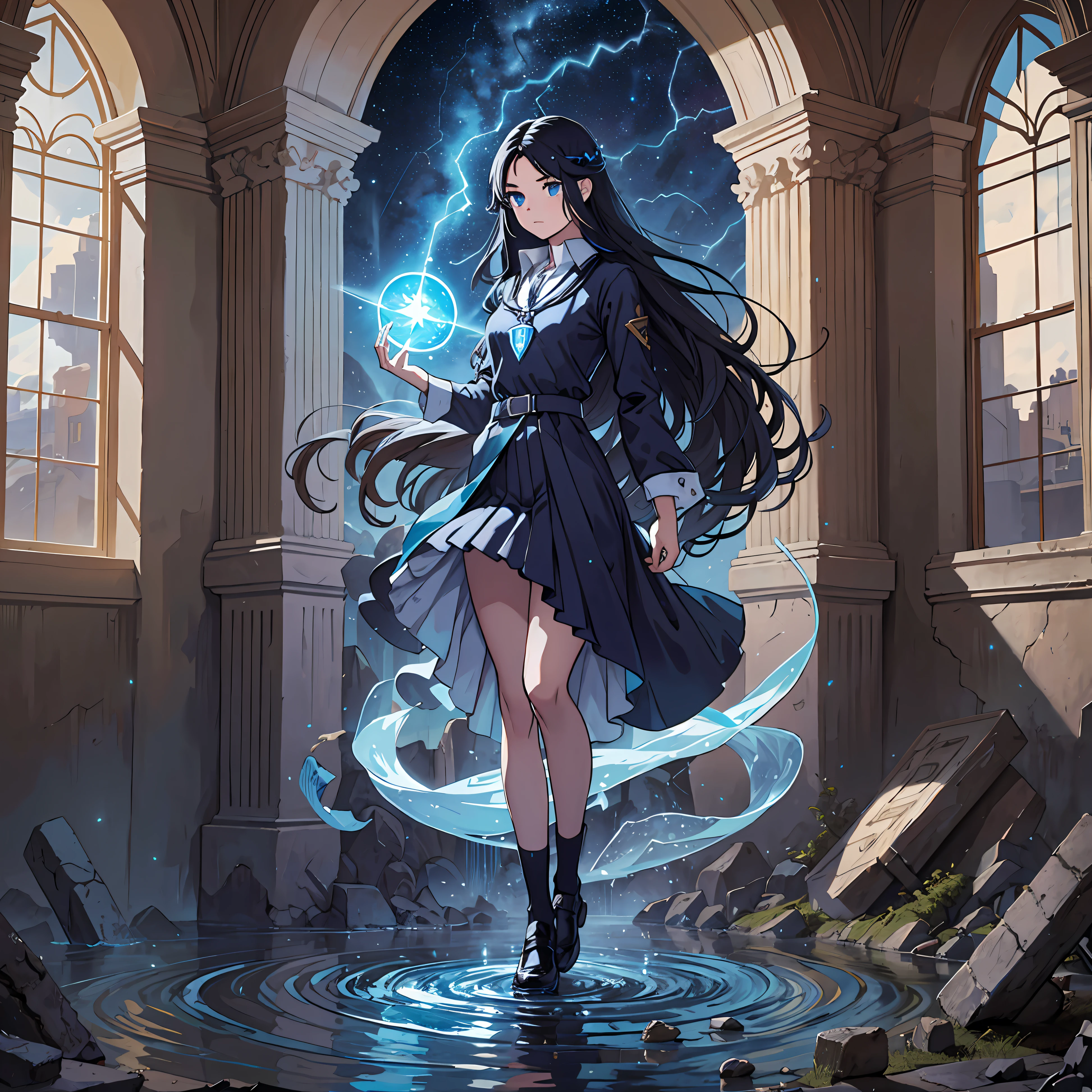 Face writing, detail, full body, long black hair, blue eyes, slender figure, magic school uniform and special pendant, ambitious, brave, friend-oriented, wind and water magic, creative magic, magic school classroom, ancient ruins, starry sky, full of calm blue light, spacious place in bright tones, pose with magic, expression full of determination, fantasy, magic, adventure, growth, collared shirt, Cartoons, Japan cartoons