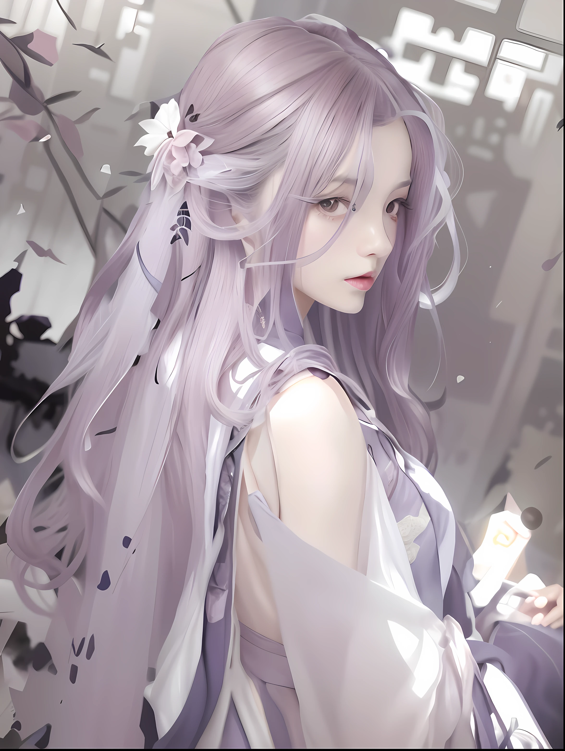 a woman in a white dress holding a sword in a crowd, palace , a girl in hanfu, flowing hair and long robes, beautiful character painting, by Yang J, anime girl with long hair, guweiz, holding a sword on her shoulder, female anime character, she is holding a katana sword, artwork in the style of guweiz