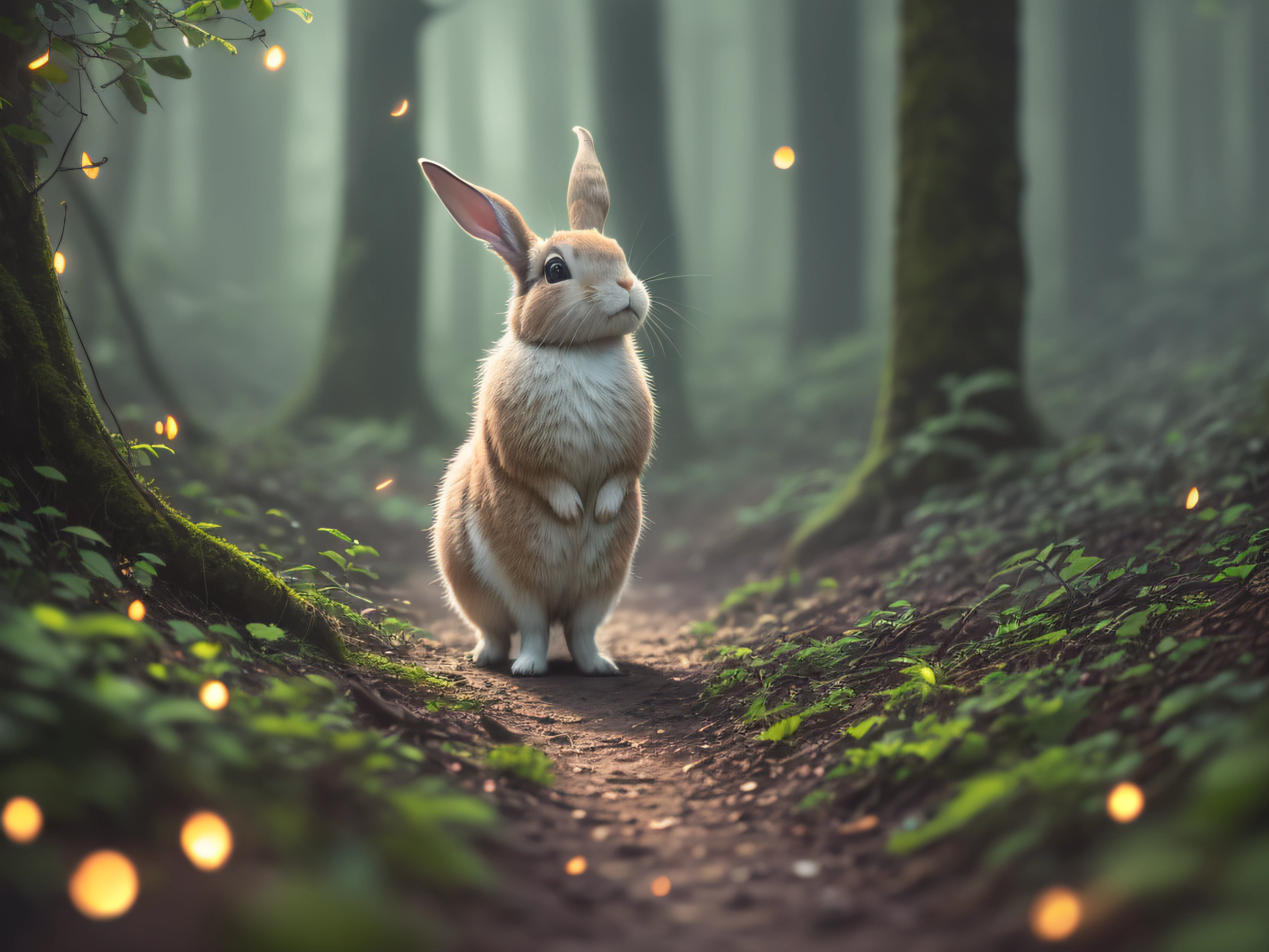 Close up photo of a rabbit in enchanted forest, late night, in the forest, backlight, fireflies, volumetric fog, halo, bloom, dramatic atmosphere, center, rule of thirds, 200mm 1.4f macro shot