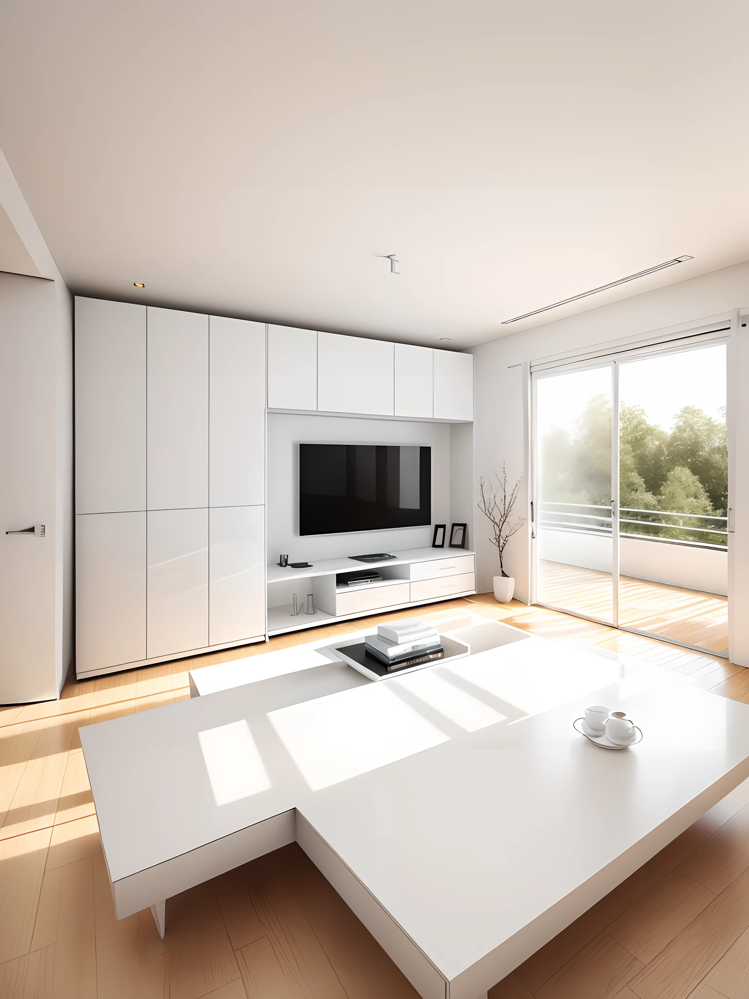 tmasterpiece，Best picture quality，Modern minimalist living room，Realiy，（white theme：1.3），Smooth wood grain floor，（Sleek TV cabinet：1.28），sofe，tea table，sun streaming in，
