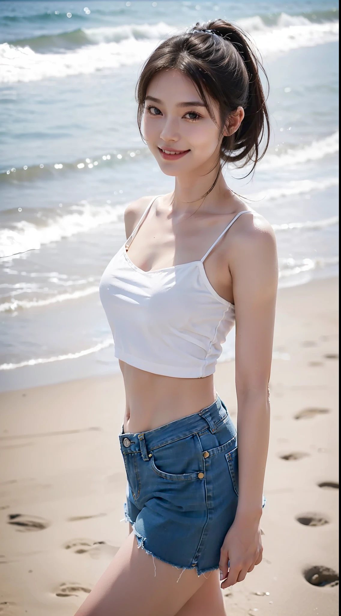 (Best quality, Complex details: 1.2) ,1 girl, Solo, Looking at the audience, camisole, denim short, Long hair, lips parted, Realistic,On the beach,Smile,Medium size,(White skin)，White body,High ponytail,Bare_Legs,