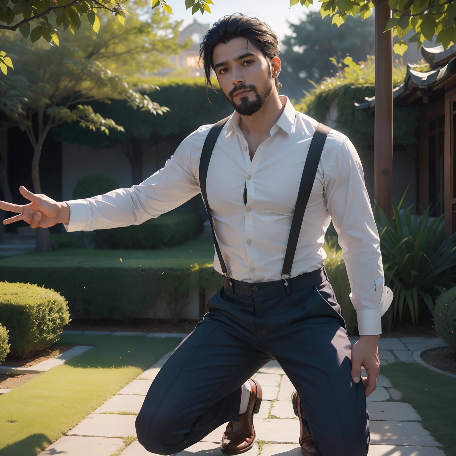 ​masterpiece, The highest image quality, hightquality, (hight resolution), (8K), (ighly detailed), 超A high resolution, (Realistis:1.4)、电影灯光、spot light、Video recording scene、In front of the garden of the mansion of an Indian millionaire、25-year-old Indian man、Beard face、wearing in shirt、slacks、suspenders、Man sticking his hands out in front of his chest、Raise one knee、Fun rock dance、Many people watch with applause、Wide View、