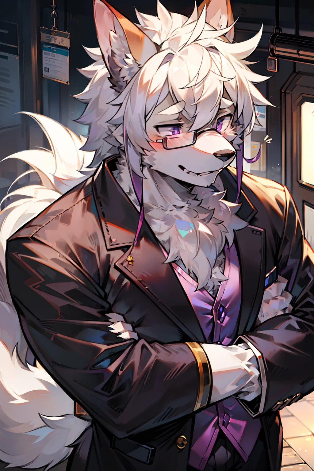 solo person,shaggy male,hairy bodies,shoun,coyote,canid,Gray fur,long white hair,The ends of the hair are purple,Purple eye,Handsome,large tail,full bodyesbian,城市,Busy,sigh,Squeeze the subway,eye glass