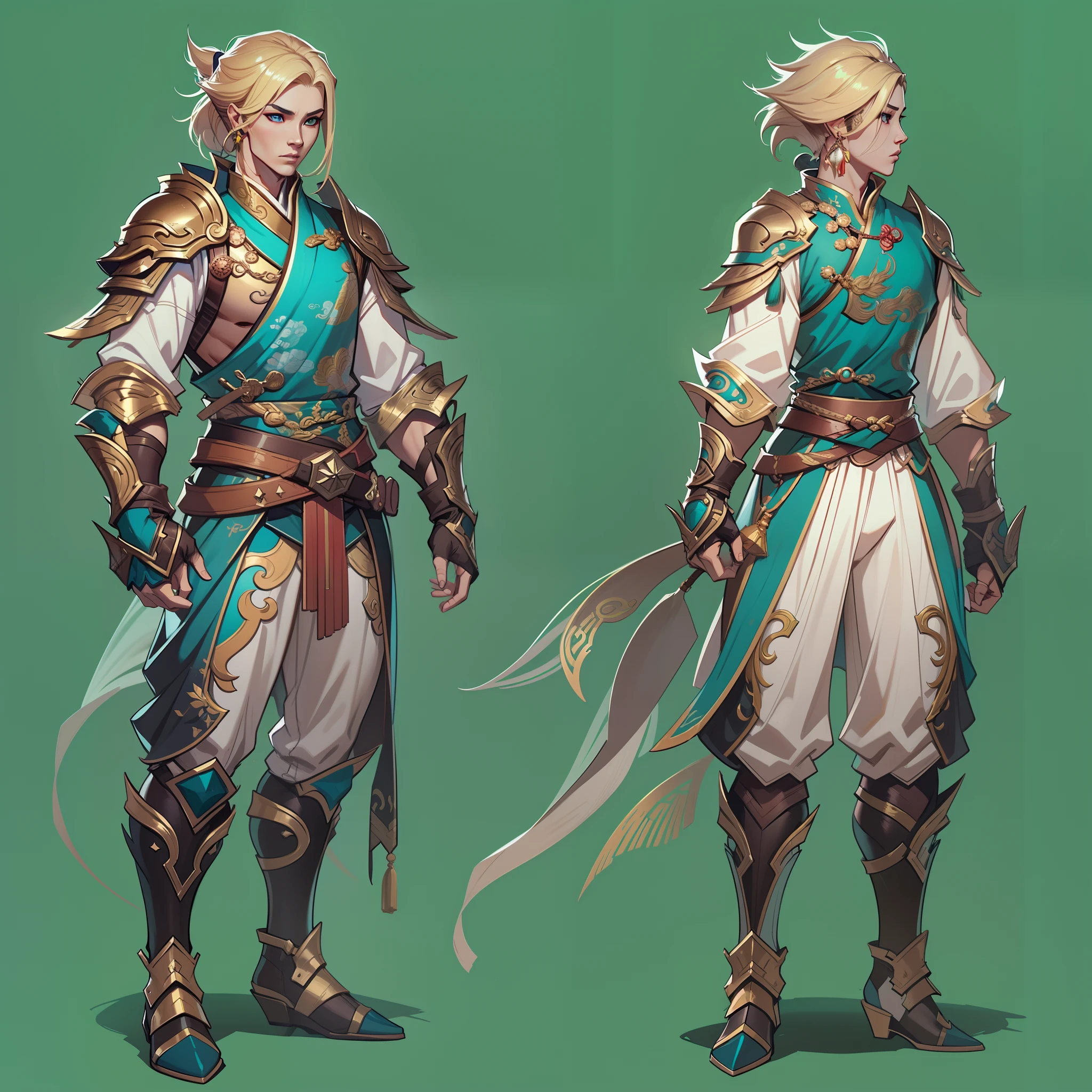 a close up of a strong man in his 30's, with hazel eyes and very short curly blonde hair, wearing a blue and teal fighter's outfit, a hero with hazel eyes, male barehanded fist fighter, mage with air magic, standing in a chinese temple, new costume concept design, in the style of blade and soul, full body character concept, detailed character design, inspired by Yang Jin, inspired by Li Mei-Shu, chinese costume, inspired by Lan Ying, inspired by Sim Sa-Jeong, inspired by Li Tang, lunar themed attire, costume with gold accents, inspired by Ju Lian, colored concept art, highly detailed character design, highly detailed face, inspired by Ai Xuan, very highly detailed face, unreal engine render, final fantasy 14 style, inspired by Leng Mei