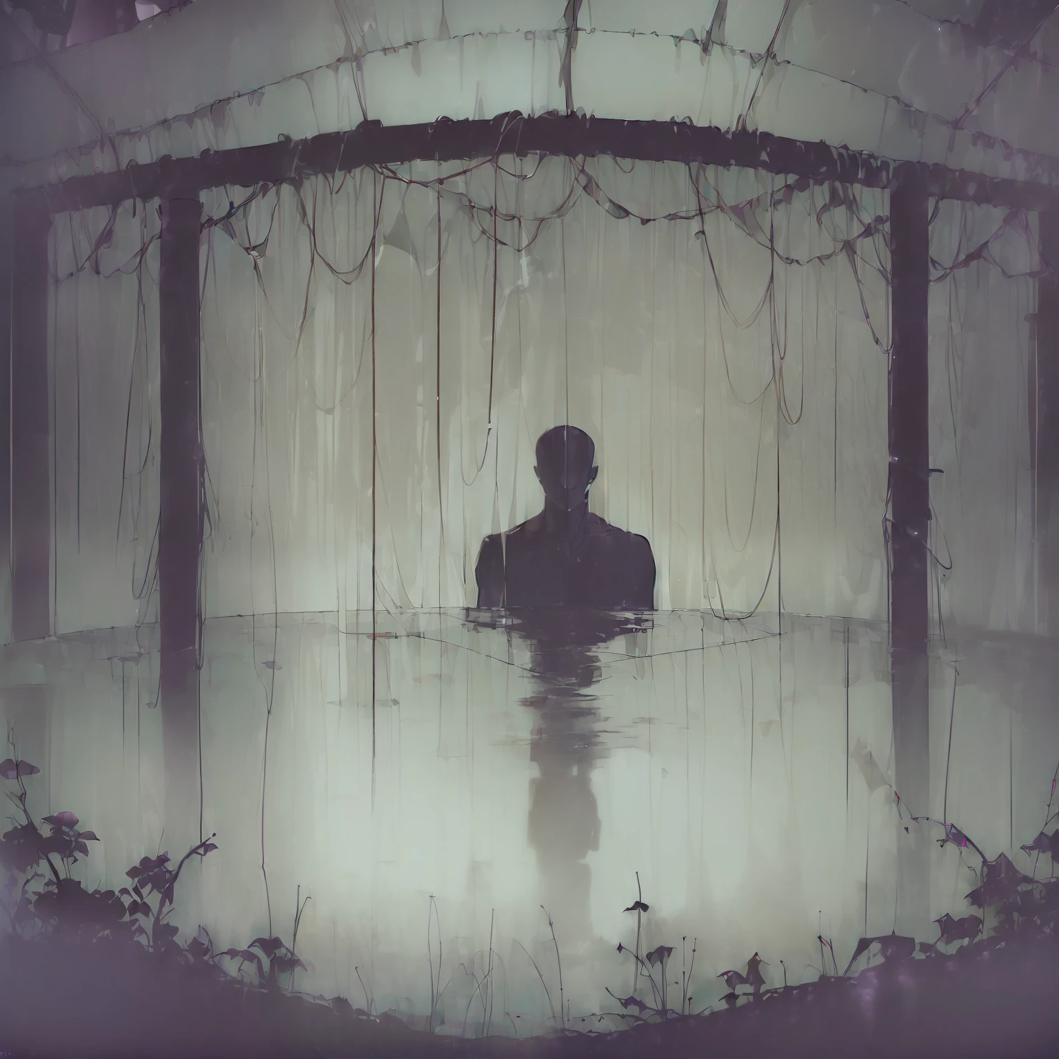 ((eerie dark silhouette of a man submerged in a softly illuminated bathtub:1.5),(subtle ambient lighting:0.8)), dark ambient, creating a chilling and enigmatic ambiance, dark colored backround, black colored silhouette.
