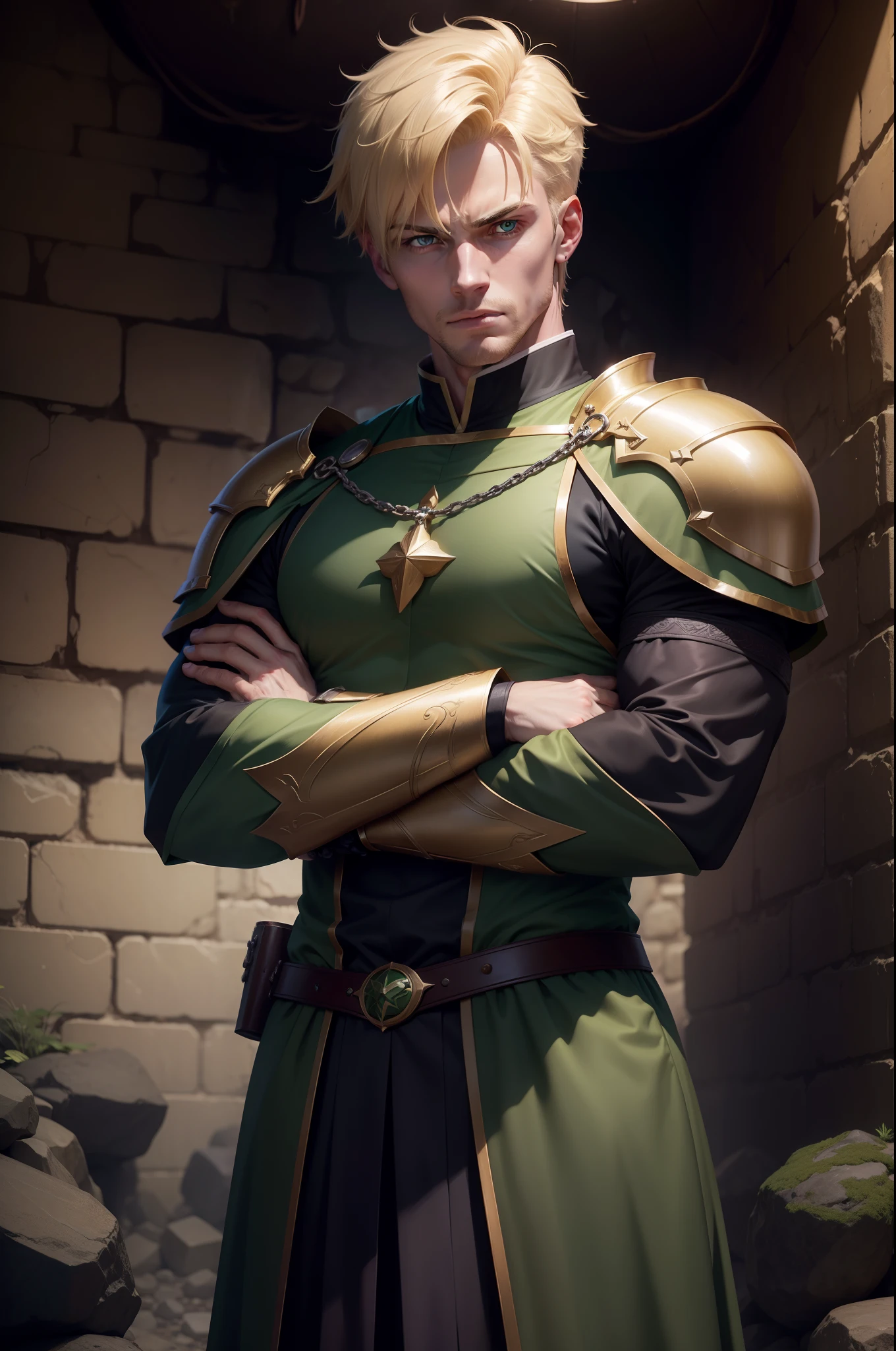 8k realistic image of a handsome, blond man with short hair, green eyes, strong body, pensive expression, dressed in dark clerical clothes and with dark green rpg-style shoulder pads, arms crossed in an underground dungeon, anime-style art