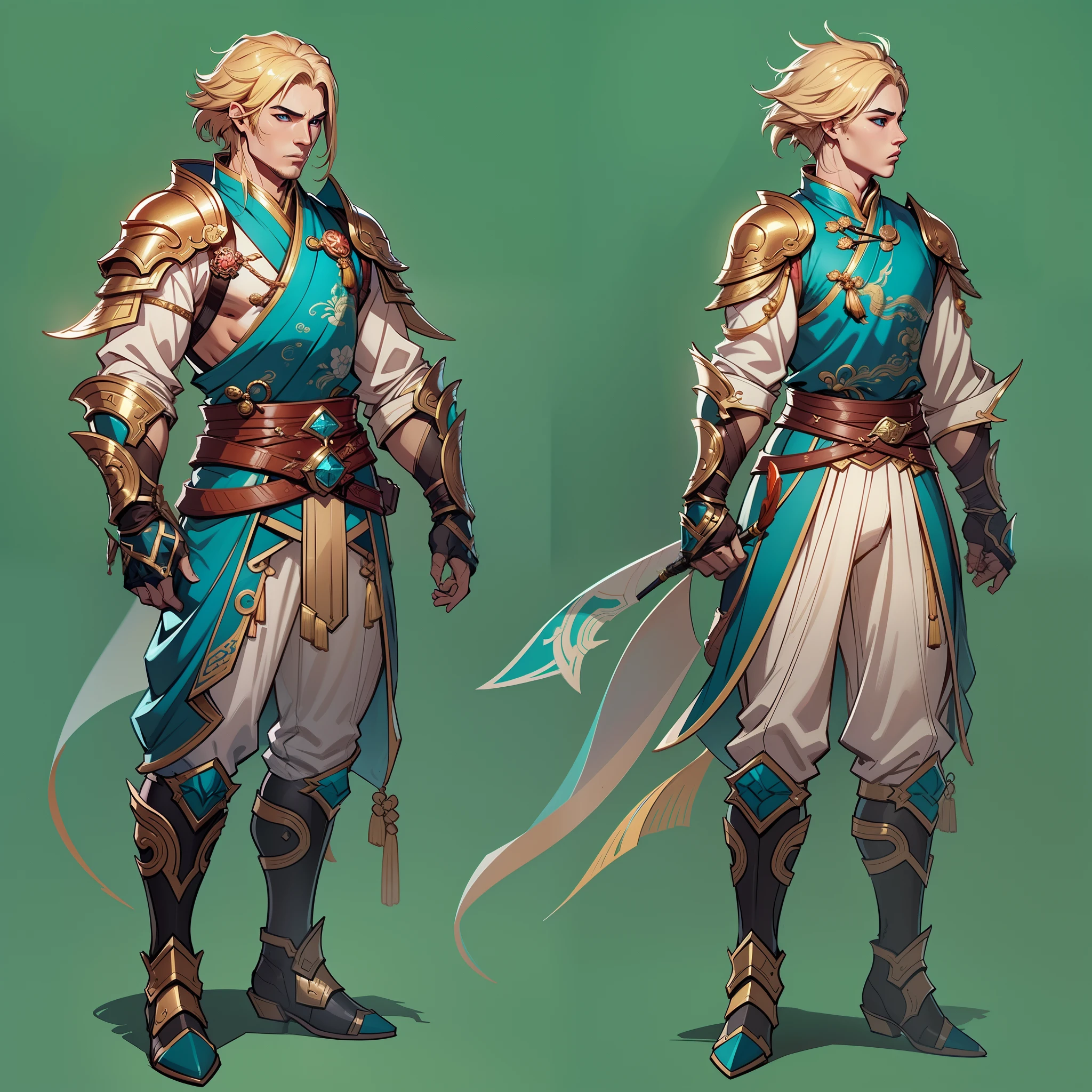 a close up of a strong man in his 30's, with hazel eyes and very short curly blonde hair, wearing a blue and teal fighter's outfit, a hero with hazel eyes, male barehanded fist fighter, mage with air magic, standing in a chinese temple, new costume concept design, in the style of blade and soul, full body character concept, detailed character design, inspired by Yang Jin, inspired by Li Mei-Shu, chinese costume, inspired by Lan Ying, inspired by Sim Sa-Jeong, inspired by Li Tang, lunar themed attire, costume with gold accents, inspired by Ju Lian, colored concept art, highly detailed character design, highly detailed face, inspired by Ai Xuan, very highly detailed face, unreal engine render, final fantasy 14 style, inspired by Leng Mei