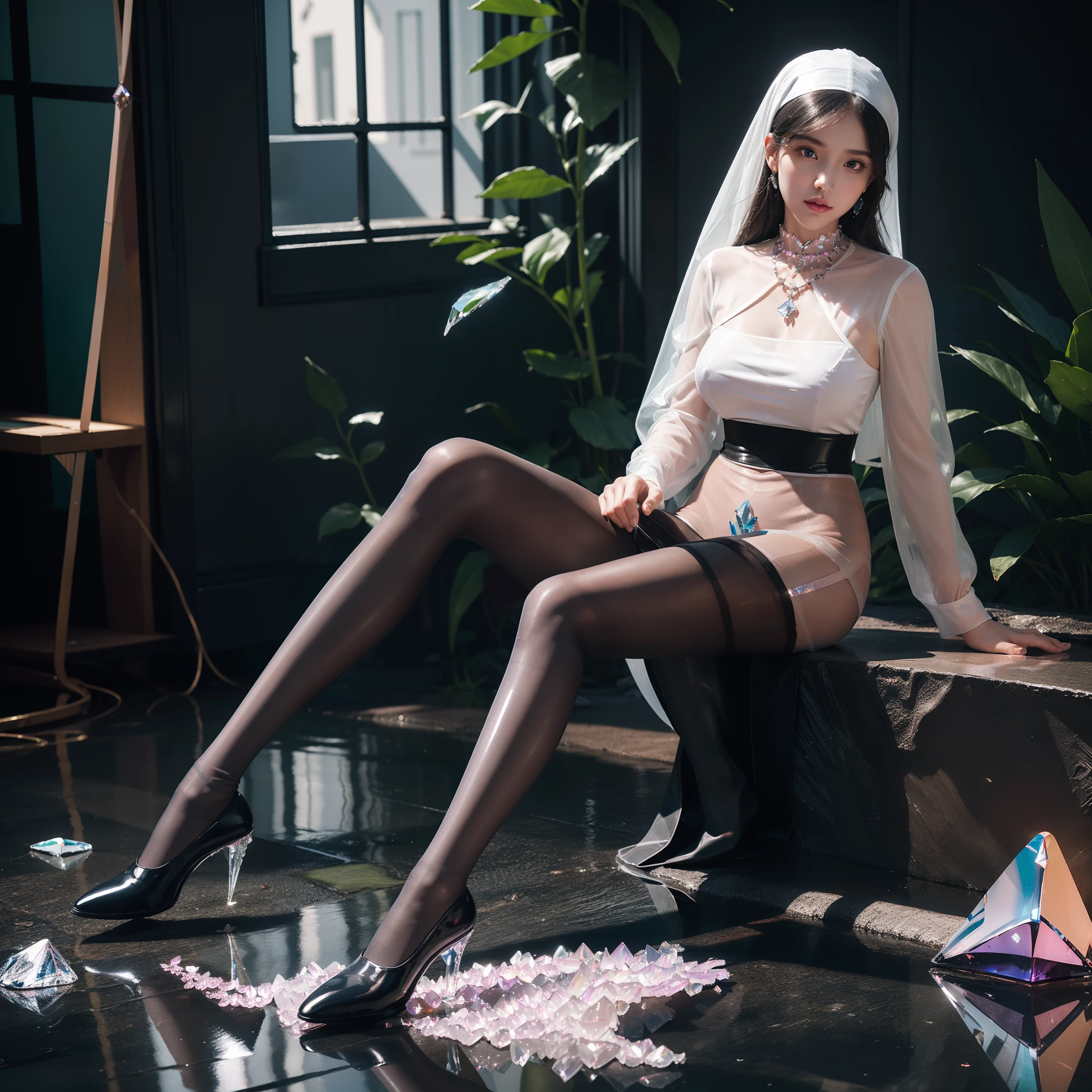 (full body:2)，(1girl:1.3),(view the viewer:1.4)，(anatomy correct:1.45),(Sitting by the creek,:1.35),(Polished Crystal material pantyhose:2),(A mature and sensual woman Wear printed fantasy nun suit and polished Uniform women's leather shoes :1.35)，(A woman with large buttocks, breasts, and a slender waist:1.4), (Light particle effect:1.3),(In pink | amarelo | blue colors| green color |red color | white colors| black in color| purplish color| greys| Beige| Flesh color 1.4)，(Glowing eyes:1.3),(Large amplitude action: 1.3)，(Accurate and perfect face:1.4),hyper HD, Ray traching, reflective light，structurally correct, Award-Awarded, high detail, lighten shade contrast, Face lighting ，cinmatic lighting, masterpiece, super detailing, high quality, high detail, best quality, 16k，High contrast,