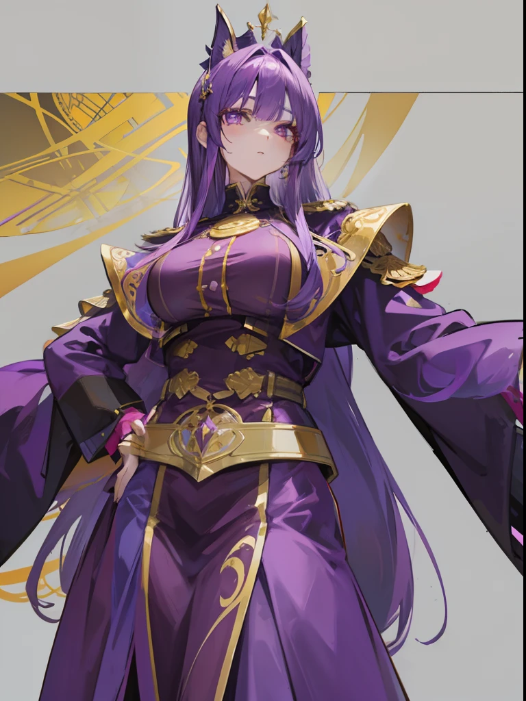 Dressed in purple and gold,Beautiful girl in official uniform,The hair is purple,long whitr hair,The pupils are crimson,The slender waist does not show the figure