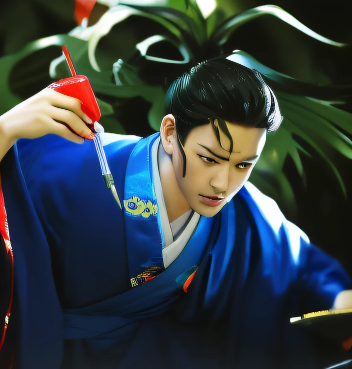 Man in blue robe holding brush