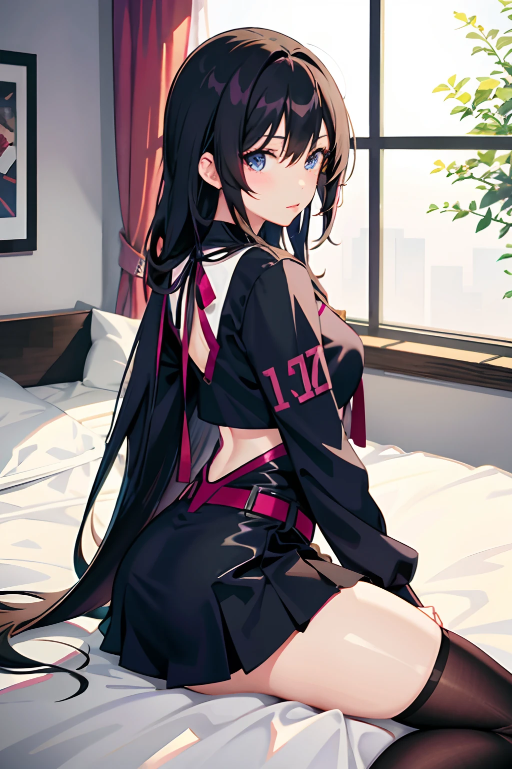 Anime girl in sexy costume sitting on bed, Seductive Anime Girl, by Jin Homura, beautiful alluring anime woman, beautiful alluring anime teen, Beautiful anime girl, (Anime Girl), Anime Girl, charming anime girls, Ilya Kuvshinov with long hair, anime wallaper, Anime Girl with Long Hair, Anime Girls, lit from behind,A dark-haired,a miniskirt