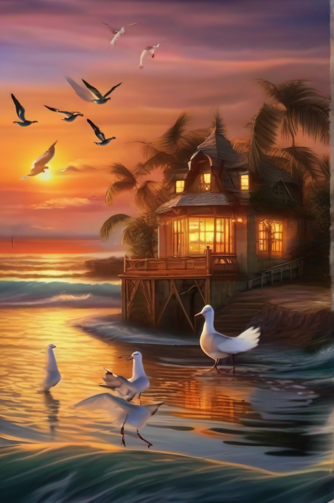 The sunset by the sea，palmeiras，seagulls，A small house standing by the sea，The setting sun sets at sea level，dingdall effect，Peaceful and beautiful。