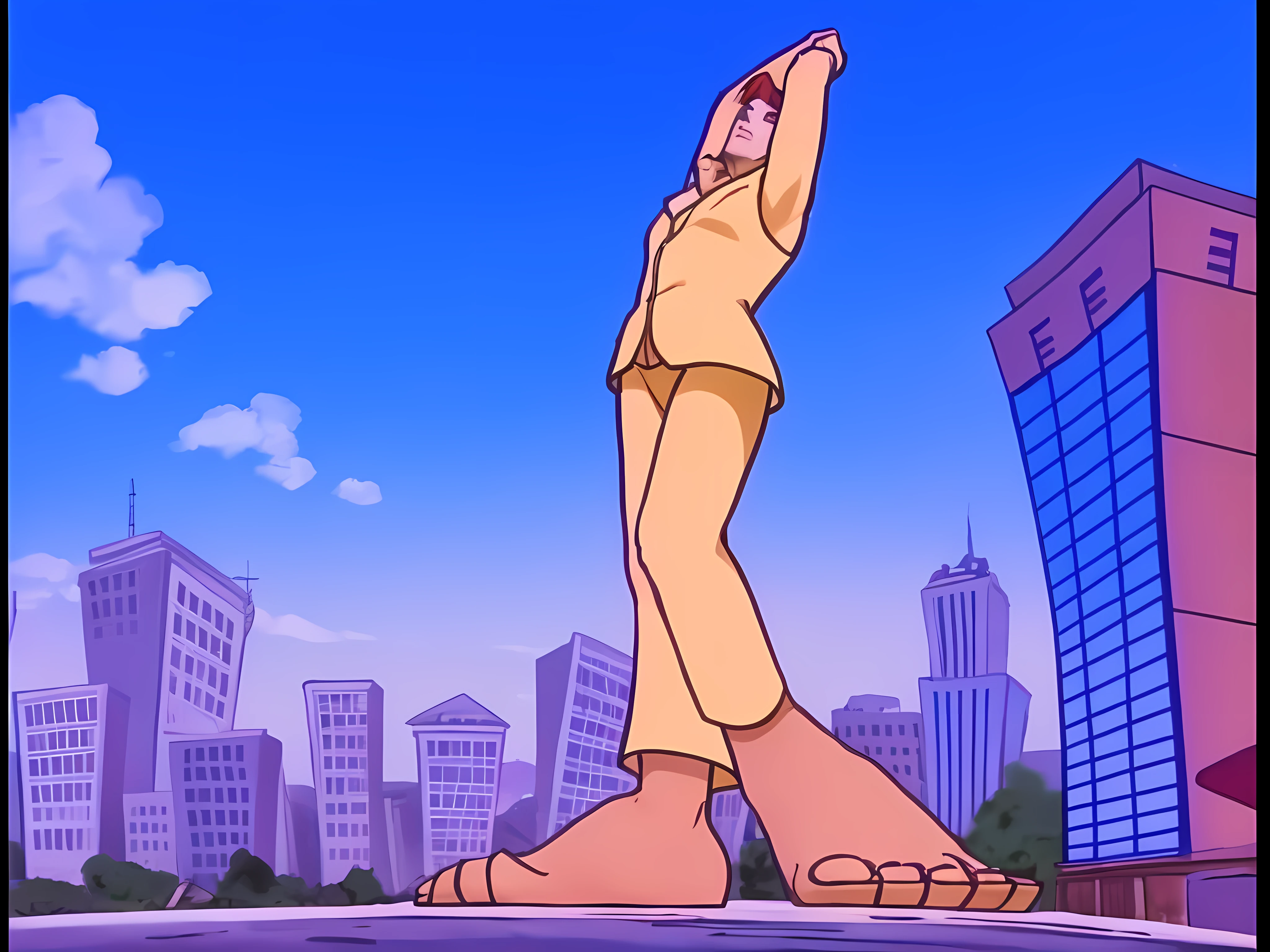 anime of a barefoot giantess girl standing on a ledge with her arms in the air, Arte gigantesca, pisando na cidade, Giantess, detailed legs towering over you, Estilo ova anime dos anos 90, Low angle shot, no estilo de arte do anime 90s, detailed legs looming over you, fazendo uma pose majestosa, Nice anime pose, Obra-prima do anime, toes detailed to the maximum, roupa amarela, rosto de Toph Beifong