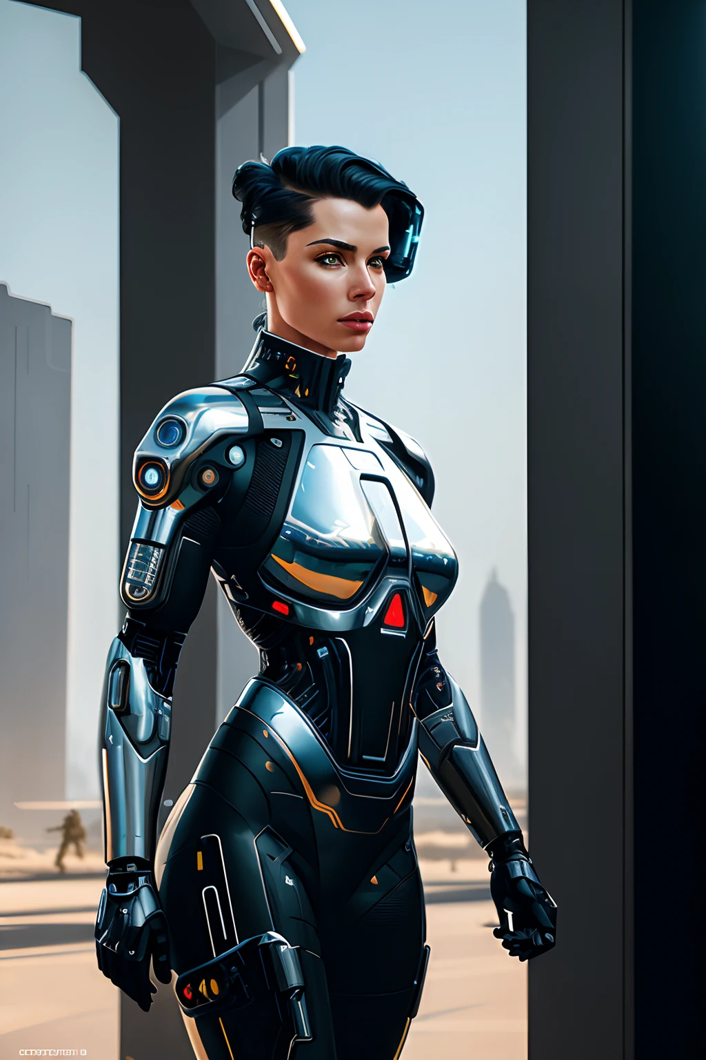 ((oil painting)) of ((attractive female modern military with with cybernetic limbs part cyborg on patrol)), cinematic, dynamic pose, fine details, reflections, 8k, ((dark shot)), soft volumetric lights, (backlit:1.3), (photorealistic:1.3), (Style-Glass), hdr, antialiased, 8k, ((syd mead)), sharp details, detailed background, ((masterpiece)), (painterly), (good anatomy), (good proportions), (good composition), (dramapaint), (analogue style), (empty hands), (futuristic scifi background), (photorealistic:1.5),