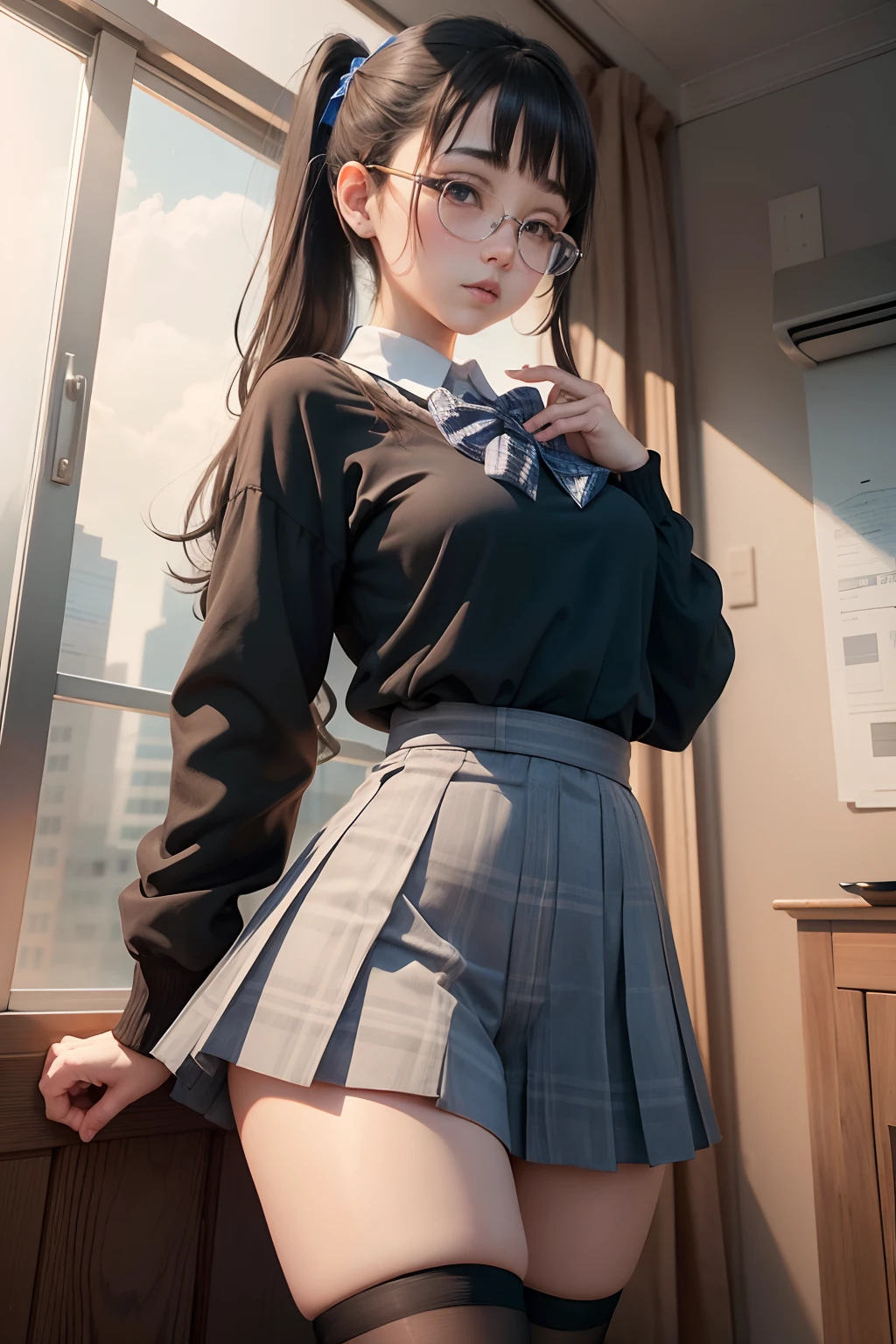 (Long ponytail),(Underwear is visible),（8K、Raw photography、top-quality、​masterpiece：1.2),Blue Panties,pigeon chest,glamor,Chromo-white skin,cocky,School,watching at viewers,Looking at the front,Muchimuchi,High-pitched clothing,Erotic,Pupils,de pele branca,kne,absurderes,a small face,,Forehead visible,Bangs hanging from the left and right sides of the forehead,(a cold expression,Tight eyes,glares,Bullish,irate)、​masterpiece,top-quality、超A high resolution,Raw photo,ren,Beautiful fece,One Person, 独奏,eye glass,,Dark look,Small breasts,fullllbody,Round glasses,JK school uniform,hi-school girl,A Japanese Lady,Open the crotch fully open,Open the legs in an M-shape,（Photorealsitic：1.37）、Photon mapping,Realistic、Beautie,Cute little face,Brown-eyed、Black socks、(Red bow tie)、Radio City、Physically Based Rendering、depth of fields、Blurry background、a picture,Body,beauty legs, Long legs, Thin leg,(Bangs are visible), hair, s lips, Blue_The eye, nosesoft,(Light blue shirt), (Navy and blue and white plaid pleated skirt), Knees are visible,Sheer clothing,, Thigh, Black cotton socks,Nogizaka Idol, 女優, Japanese ido