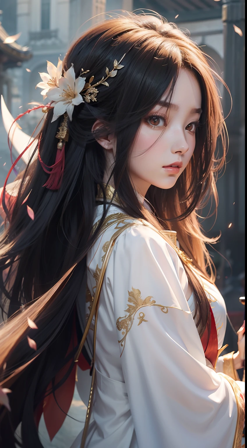 a woman in a white dress holding a sword in a crowd, palace ， a girl in hanfu, flowing hair and long robes, beautiful character painting, by Yang J, anime girl with long hair, guweiz, holding a sword on her shoulder, female anime character, she is holding a katana sword, artwork in the style of guweiz