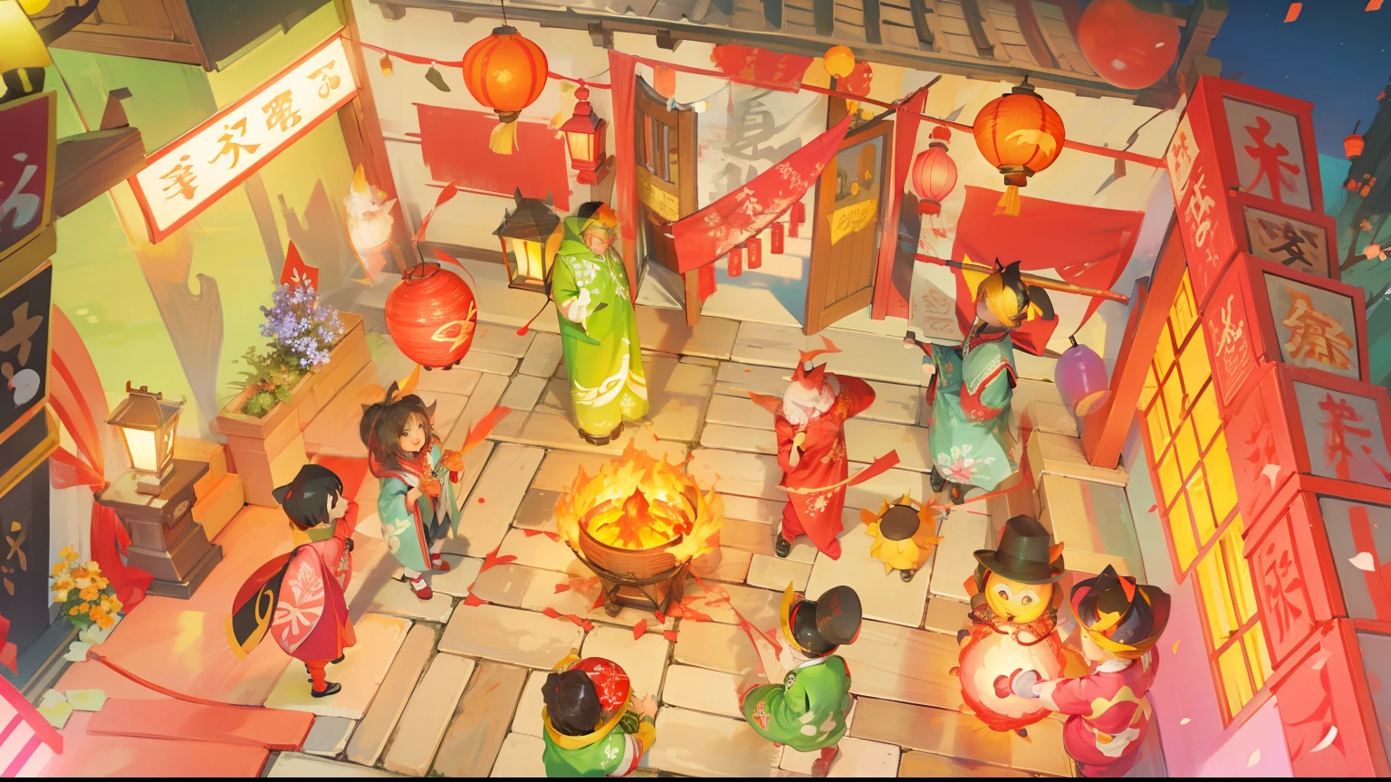 Spring Festival night, festive lanterns, torches, firecrackers