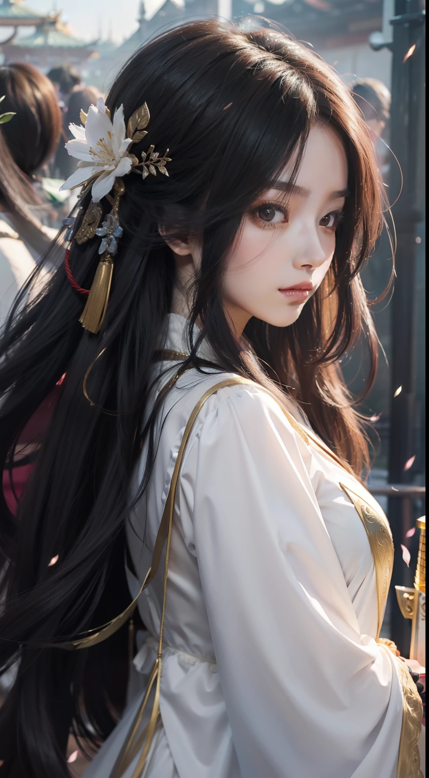 a woman in a white dress holding a sword in a crowd, palace ， a girl in hanfu, flowing hair and long robes, beautiful character painting, by Yang J, anime girl with long hair, guweiz, holding a sword on her shoulder, female anime character, she is holding a katana sword, artwork in the style of guweiz