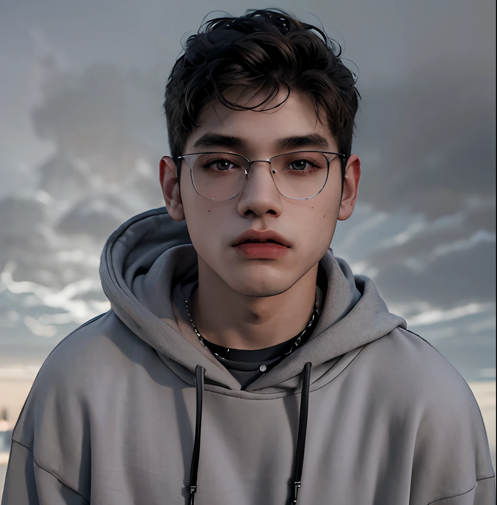 (masterpiece:1.2), (best quality:1.2), hyper realistic,highestres,absurdres,extremely detailed,volumetic,dramatic lighting,(frontal view),
20 year old boy,face,detailed eyes, grey hoodie, black t-shirt, with background ((sky))
