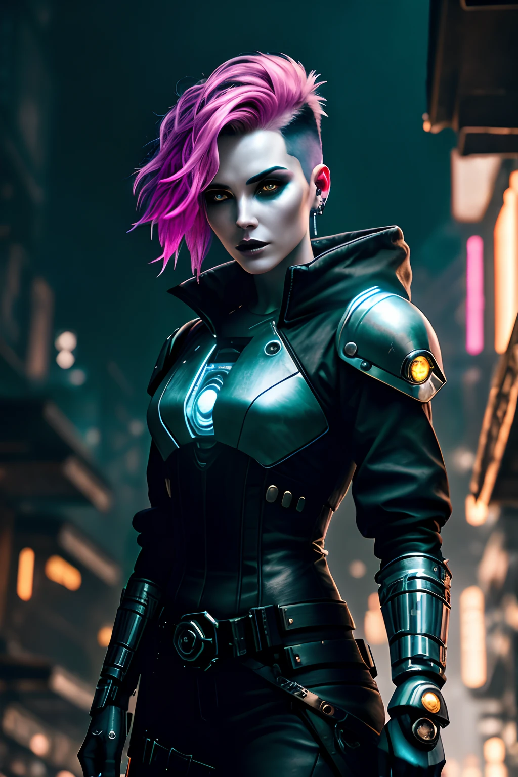 closeup portrait of a cute cyberpunk street samurai, standing in a dark back alley, surrounded by hoodlums, ready to fight, short bright pink hair, wearing black latex bodysuit, gauntlets, pauldrons, she is ready for a fight, sword in hand, toned and fit, streetlight, (backlighting), realistic, masterpiece, highest quality, ((intricate armor)), fantasy forest in background, orcs surround her, fantasy monsters in background, night, dark,  ((excited)), lens flare, shade, bloom, ((light sparkles)), [chromatic aberration], by Jeremy Lipking, by Antonio J. Manzanedo, by (Alphonse Mucha), digital painting, (goth:1.2),(enhanced cyborg body:1.1),(intricate:1.2), (cyberpunk:1.2), (in the style of Blade Runner:1.2), ( robot joints:1.1), (robot eyes:1.2), (perfect face:1.2), (led lighting:1.2), (smokey:1.1), (in the style of Ghost In The Shell:1.2)