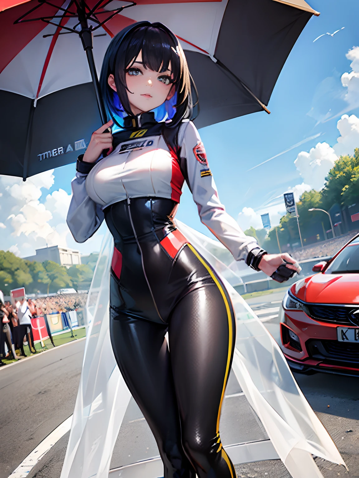 Unreal Engine 5 Realistic Rendering, cosplayer, Race Queen、Uniform with logo、 ((Giant circuit parasol)), Exquisite beauty、Beautiful face, Body shape of slim model, Shiny skin, wet shiny body, shorth hair, Multicolored inner color hair, dense black skin, neons、Large crowds、audience、Drag racing、Midsommar Racing Circuit、racing car、Lower grade、Large crowds、Spectators、