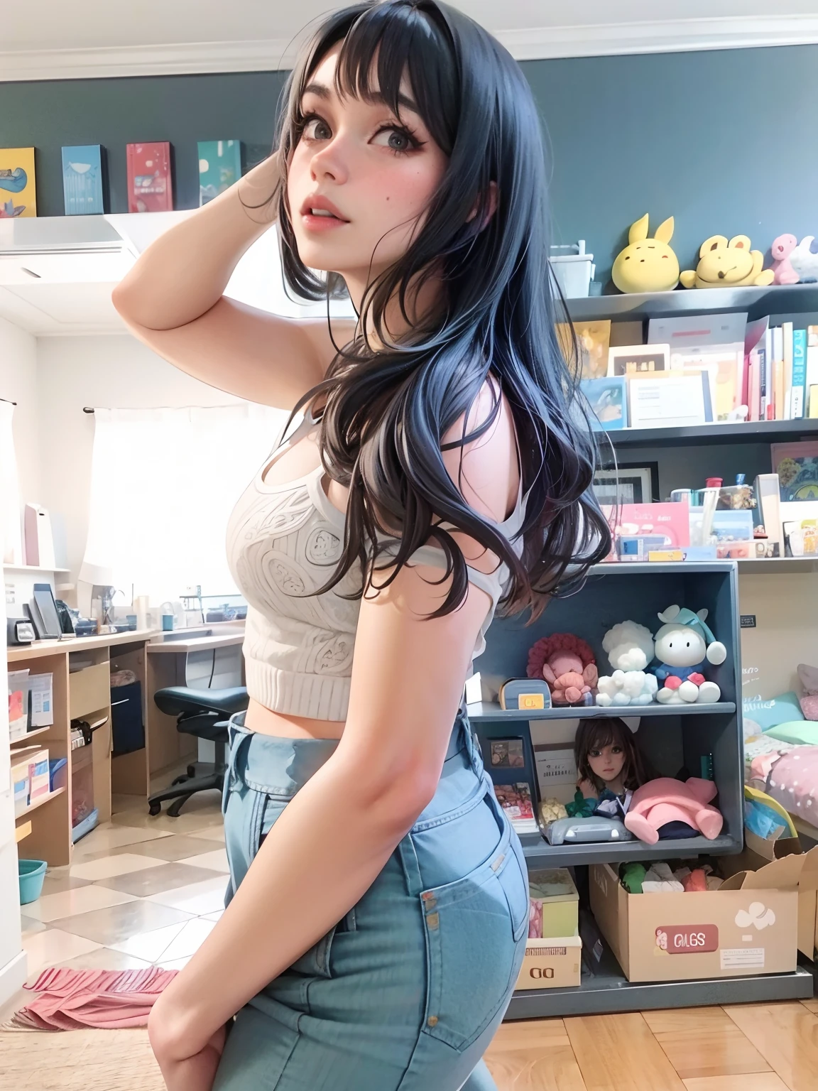 There's a woman standing in a room with a shelf of toys, Modelo feminina de 20 anos, olhar sexy, com pano de fundo de luz natural, wearing jeans, cabelos longos e pretos, hand in hair, usando um cropped colorido, Pose para foto, olhos grandes, nariz italiano, boca pequena, batom vermelho