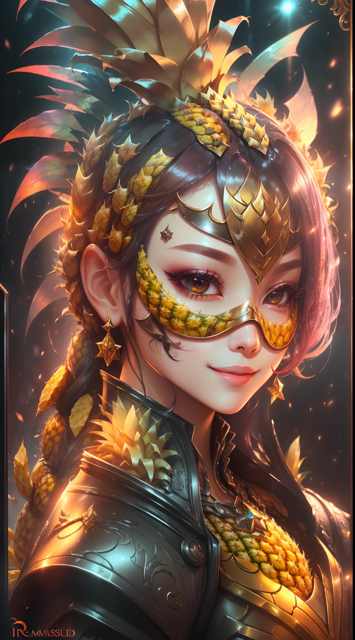 Anthropomorphic pineapple、Anthropomorphic pineapple、Anthropomorphic pineapple、Pineapple mask、Pineapple mask、pineapple、pineapple、(((pineapple、Surreal)))、close-up of the smile face、close-up of the smile face、smil、(Glowing eyes、Eye Gloss)、(red lipsticks、lipgloss)、(Pineapple hair、Hair Gloss)、dreamlikeart、Highly detailed airbrush art、intricate detailes、Volumetric lighting、top-quality、The ultra-detailliert、The composition of the movement、Highly detailed colorful details、Irridescent color、Bright lighting、Magical、dynamic compositions、The mirror reflects light、Shallow depth of field、ultra-detailliert、mixing exposure、Super masterpiece、vivd colour、colourfull、One Female Face、Rich colors、exquisitedetails、(pineapple、Ultra CG Ultra Exquisite), (High resolution:1.5)、 --auto --s2