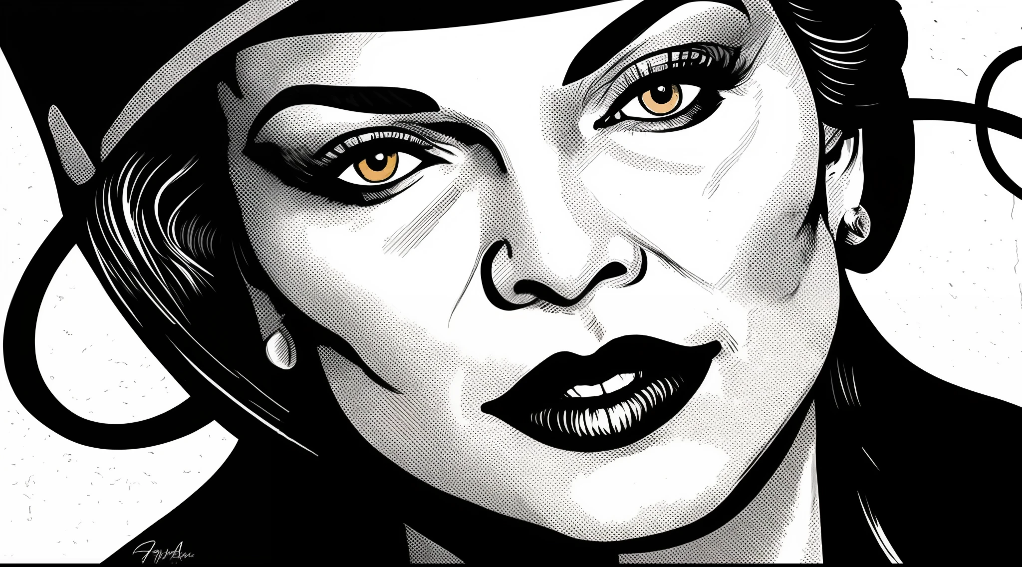 altamente detalhado, belo retrato (caricatural) uma mulher sombria, cinematic lighthing, Dramatic black and white lighting, illustration by vector_art, oil-painting, acrylic painting, CGSociety, ArtStation, (hiperrealismo), (fotorrealismo), arte de Greg Rutkowski e Frank Frazetta, artstation, pintura com cores vivas, alto contraste, hiper-realismo, fotografia de retrato fotorrealista detalhada, fundo branco, ((arte de linha detalhada)), hand-drawn digital painting, estilo de arte de andy warhol