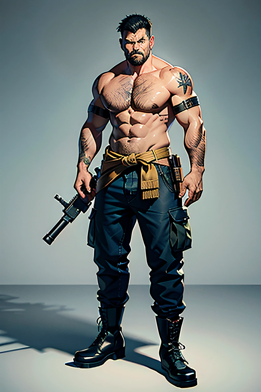 Burly, man, Gunshot wound scars, burn marks, Colonel Cambodia, Ferocious and fierce, One meter nine high, Boots hide daggers, Wears a pistol around his waist, Type 56 rifle in hand。