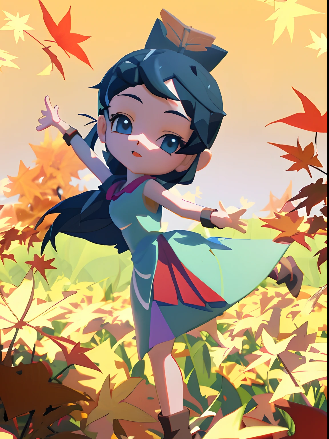Cartoon Girl, Stylized anime, Stylized 3 D, Stylized game art, stylized 3d render, Stylized digital illustration, in a field of flowers,autumnal,Lots of maple leaves,Girl holding a book