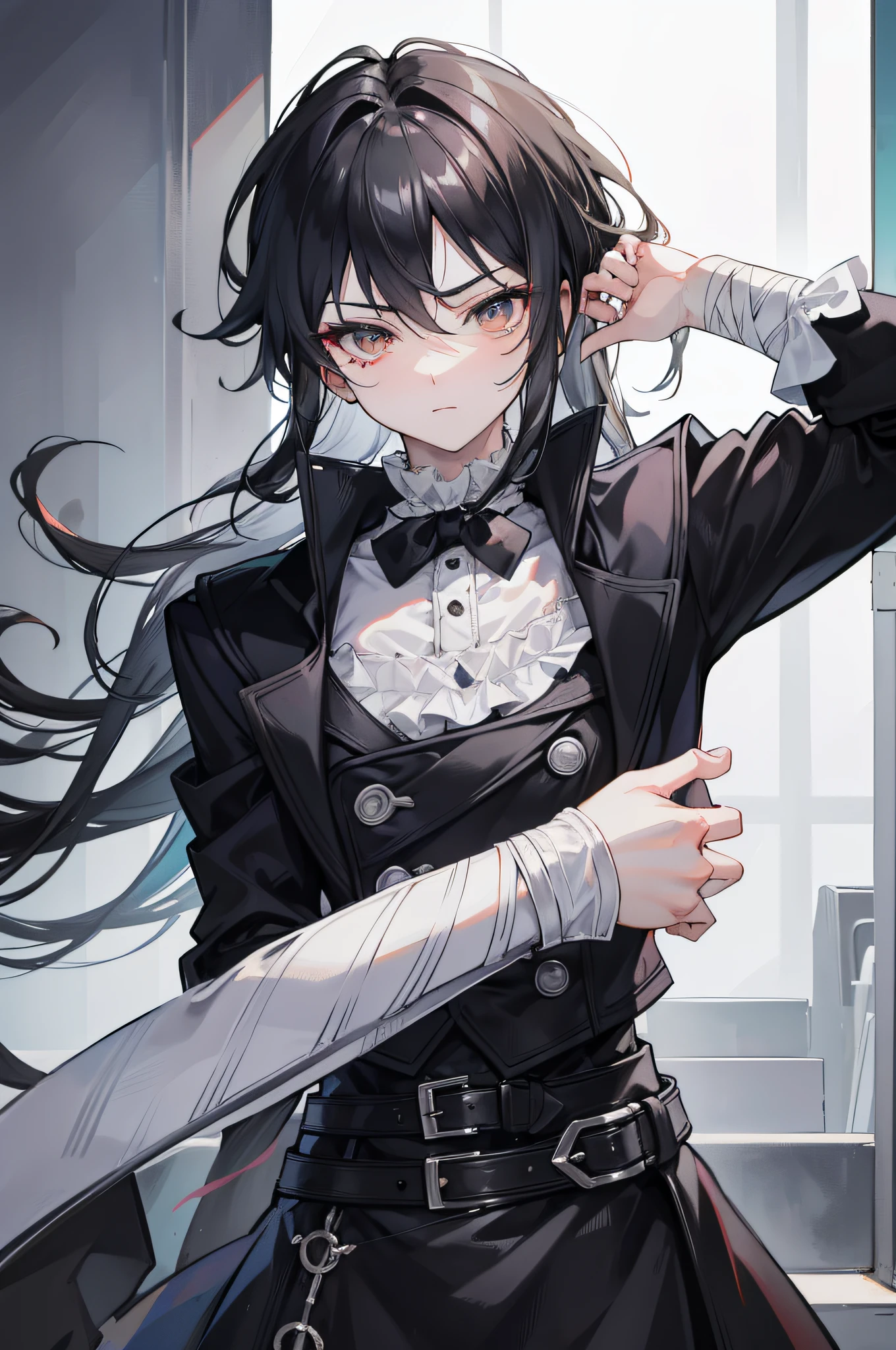 high quality, best image quality, best quality, high quality, 8k, 16k, 32 ,man , male , boy , handsome man , Perfect style, handsome, Beloved face, black hair black charcoal hair, black long hair , white hair in tips of hair, black wide cool design, royal black long shut, maniputator , black-brown eyes, large, voluminous eyelashes, jack the ripper , mid muscle boy , white and pale skin, and Bandaged