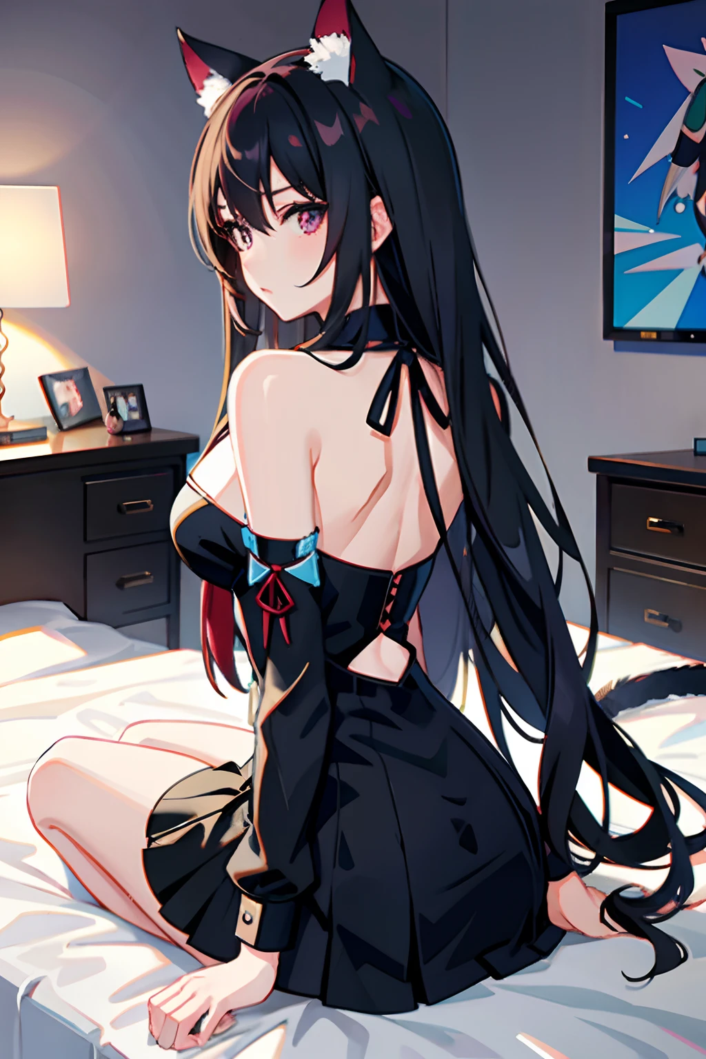 Anime girl in sexy costume sitting on bed, Seductive Anime Girl, by Jin Homura, beautiful alluring anime woman, beautiful alluring anime teen, Beautiful anime girl, (Anime Girl), Anime Girl, charming anime girls, Ilya Kuvshinov with long hair, anime wallaper, Anime Girl with Long Hair, Anime Girls, lit from behind，A dark-haired，a miniskirt，High exposure，cat ear