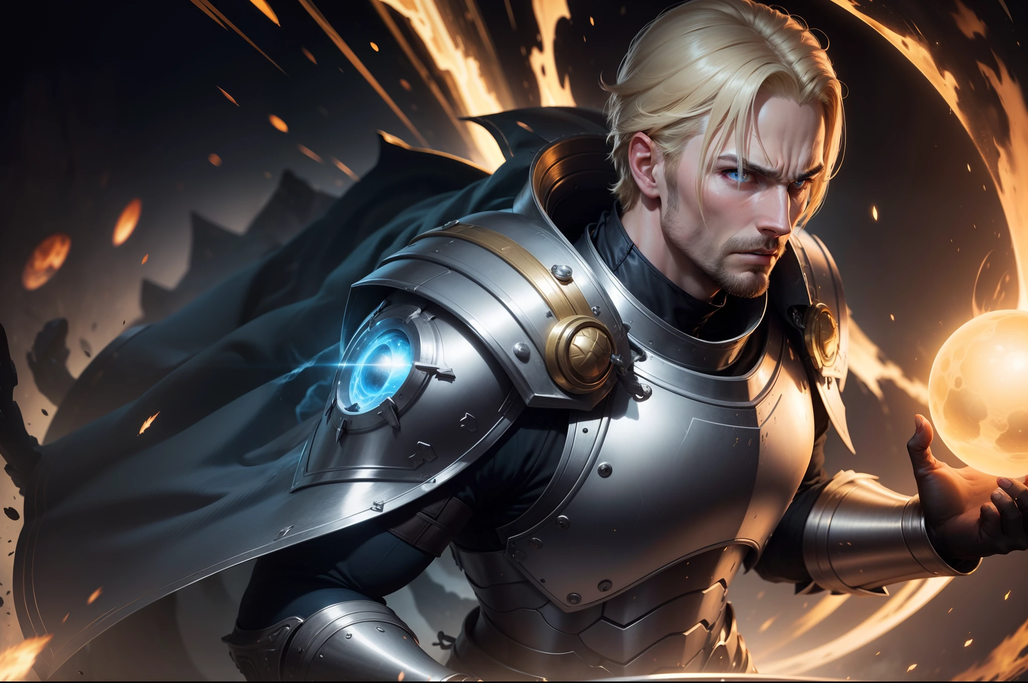 Realistic 8k image of blond male, 35 years old, blue eyes, short hair, strong, expression of hatred, clenched teeth, dressed in silver RPG warrior costume with golden shoulder pads, concentrating an energy sphere in his hand, image of a hole black at your back