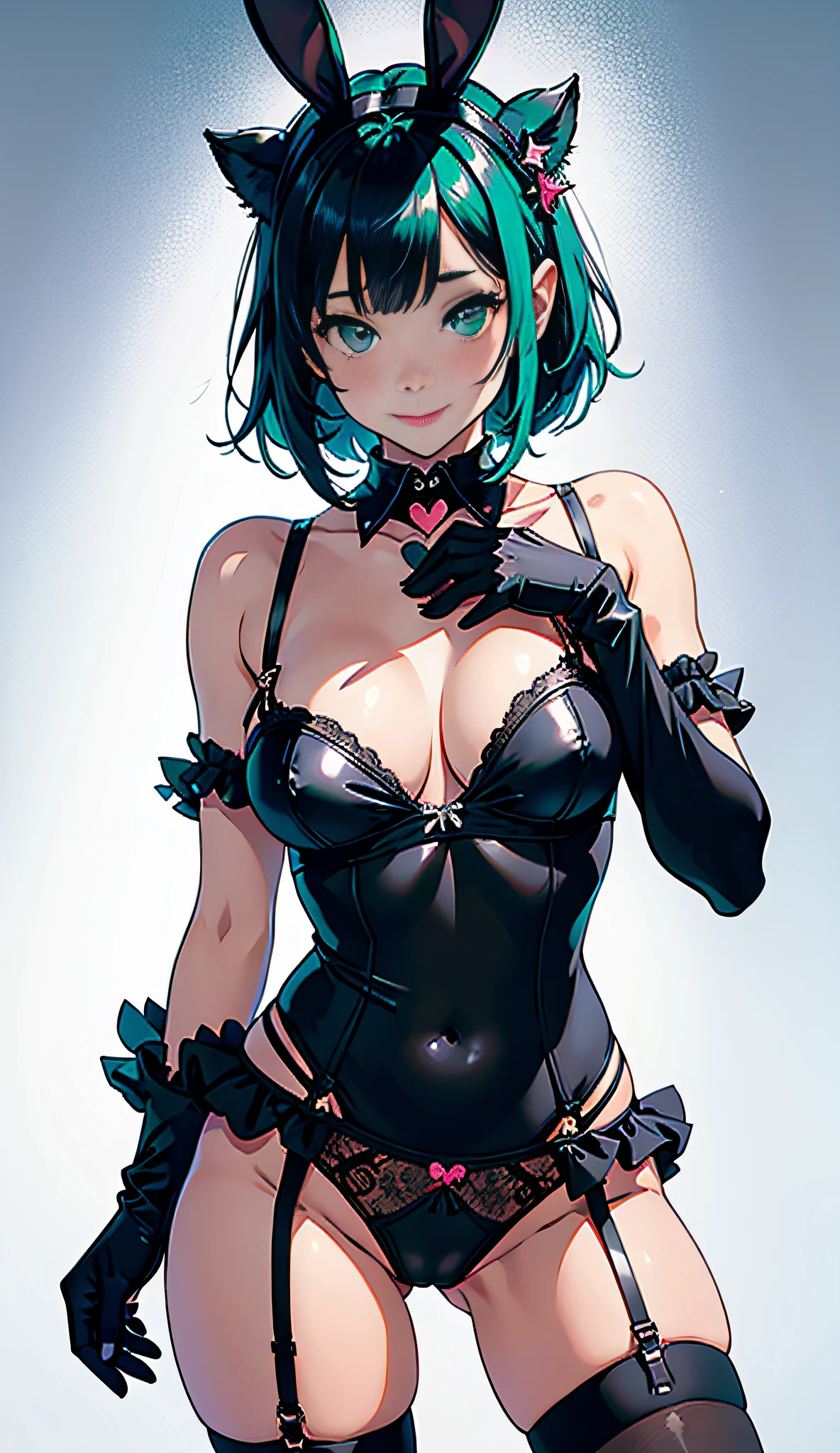 ((Masterpiece, best quality)),edgQuality smiling,smug, edgHL,hentai_lingerie, 1girl, solo, breasts, looking at viewer, blush, smile, short hair, bangs, large breasts, black hair, hair ornament, thighhighs, gloves, bow, navel, animal ears, bare shoulders, closed mouth, underwear, green eyes, blue hair, collarbone, panties, heart, cowboy shot, tongue, black gloves, hairclip, black thighhighs, tongue out, fingerless gloves, star (symbol), bra, rabbit ears, covered nipples, symbol-shaped pupils, black panties, detached collar, fake animal ears, cameltoe, bob cut, lingerie, panty pull, garter belt, :q, +_+, pasties, heart pasties ,wearing edgHL
