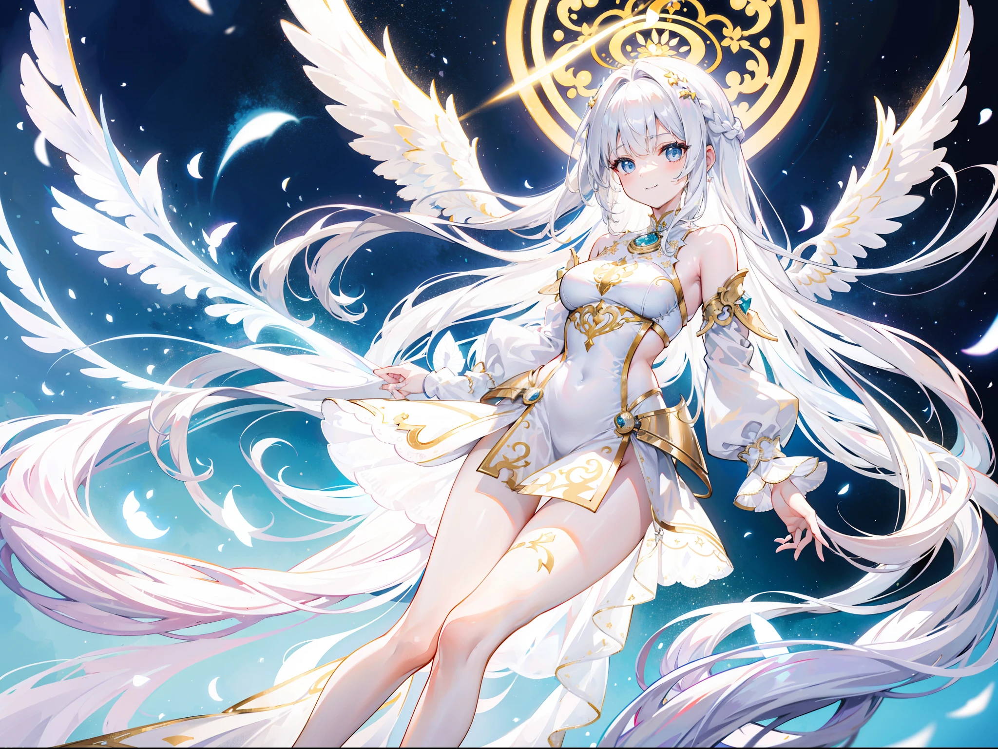 Beautiful girl with white hair，angelicales，Wearing a plain white dress，There is a halo on the top of the head，french braid，long whitr hair，Stand in a golden wonderland，There is only one wing behind him，Tall and tall，Slim figure，With a smile，faeries，bare-legged。Wear gold ankle rings on your ankles