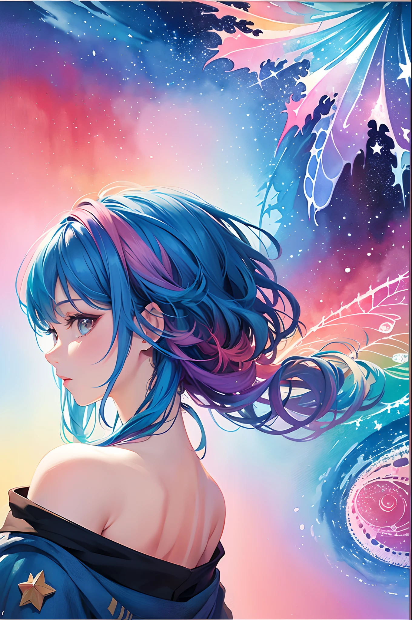 (masterpiece, top quality, best quality,watercolor (medium),official art, beautiful and aesthetic:1.2),(1girl:1.3), (fractal art:1.3),upper body, from side, looking at viewer,patterns,(rainbow color Hair,colorful hair,half blue and half pink hair:1.2),water,liquid, cloud,colorful, starry,stars,