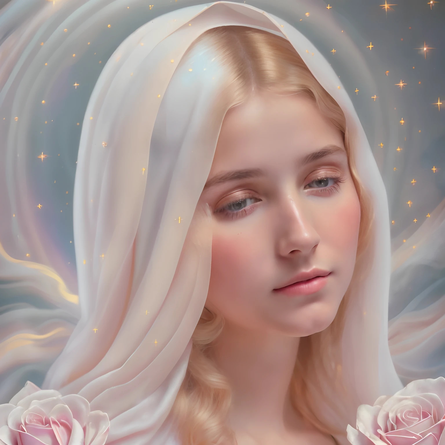 (((Blessed Virgin Mary. 19 years old))) (((IMAGEN VINTAGE RETRO))) ((( Con una cara seria y piadosa. Con una mirada dulce y tierna))) (obra maestra, calidad superior, mejor calidad, arte oficial, beautiful and aesthetic: 1.2), (1girl), extremadamente detallado, (Arte fractal: 1.3), colorido, highest detailed, Cara perfecta, parte superior del cuerpo, HDR, (orando: 1.3), (golden lines of white coat: 1.2), galaxia, (rayas de luz), eye-catching visuals, (dynamic stripes, senderos luminosos: 1.2), colores vibrantes,