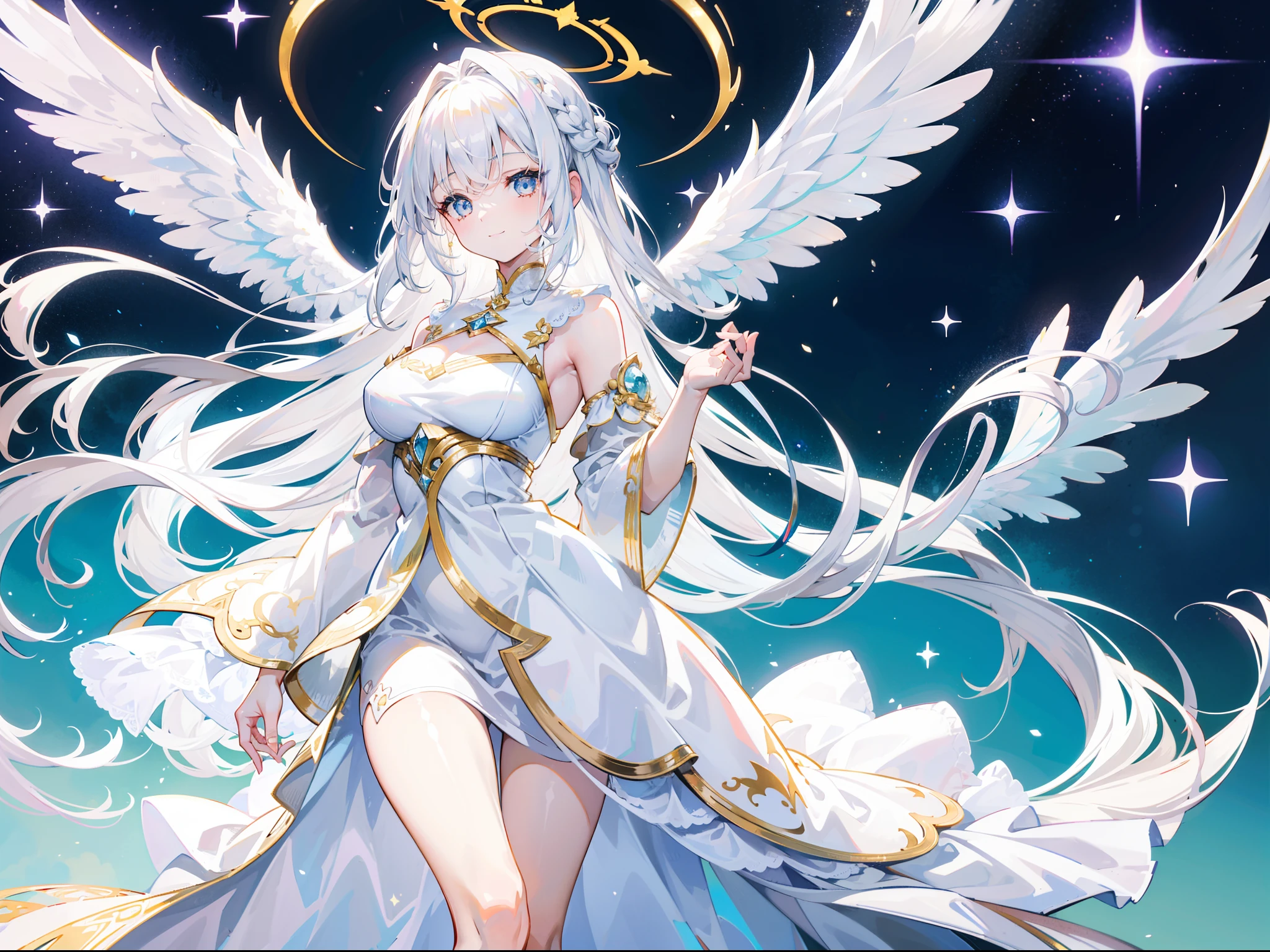 Beautiful girl with white hair,angelicales,Wearing a plain white dress,There is a halo on the top of the head,french braid,long whitr hair,Stand in a golden wonderland,There is only one wing behind him,Tall and tall,Slim figure,With a smile,faeries