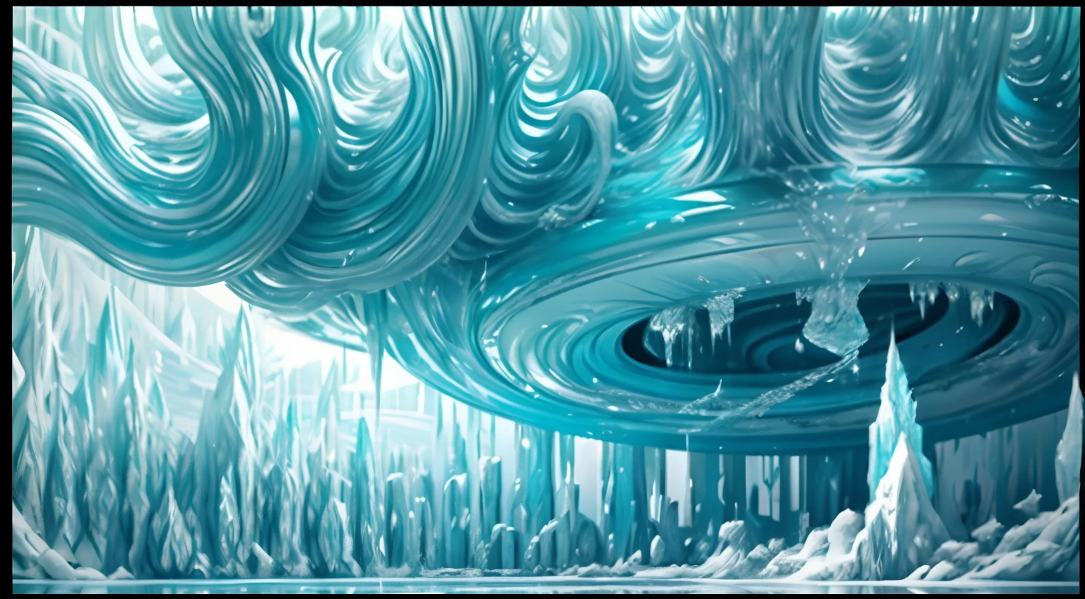 Many huge icicles descend from the clouds,Contact the surface of the lake,Alien Chaos landscape,Rozaksky style