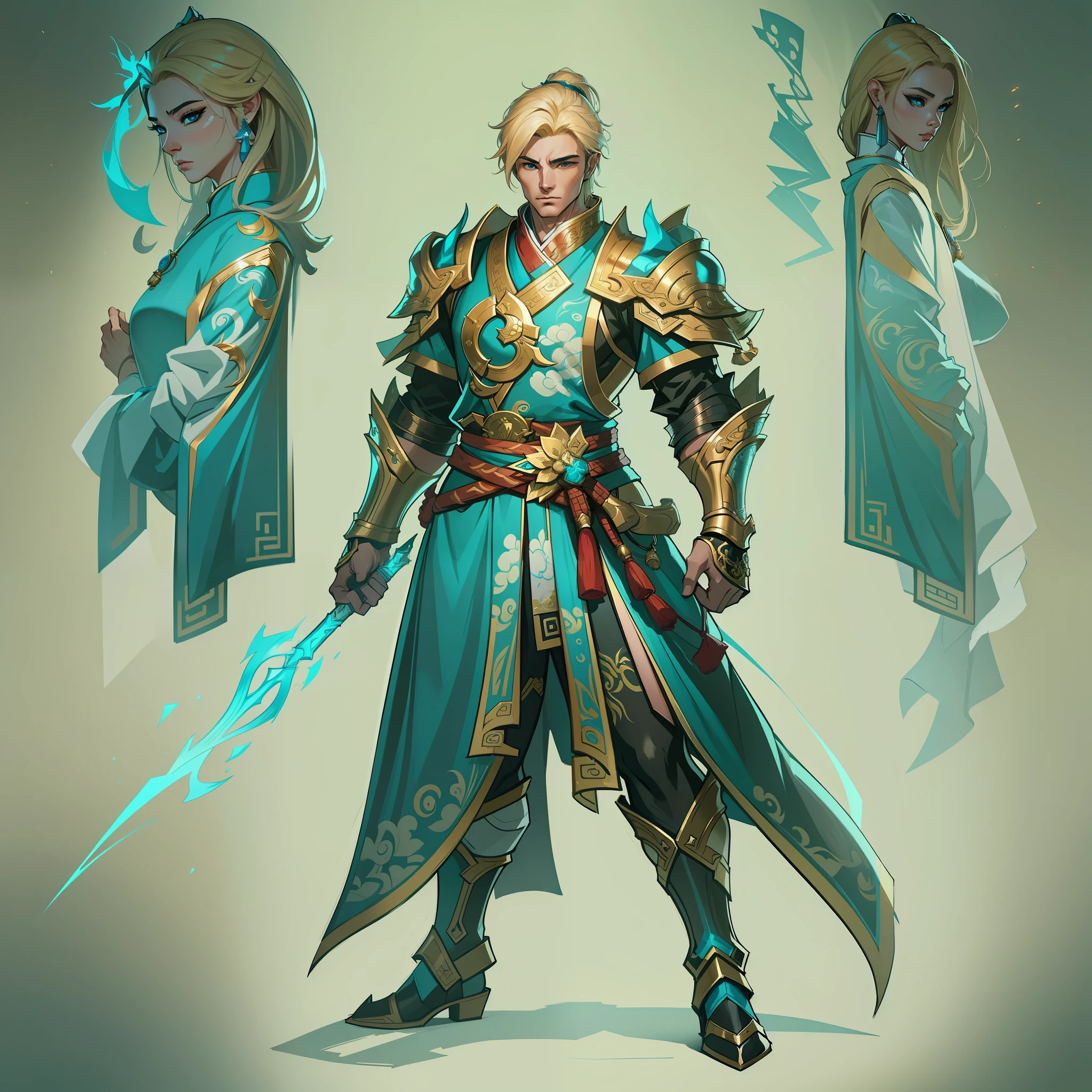 a close up of a strong man in his 30's, with hazel eyes and very short curly blonde hair, wearing a blue and teal fighter's outfit, a hero with hazel eyes, male barehanded fist fighter, mage with air magic, standing in a chinese temple, new costume concept design, in the style of blade and soul, full body character concept, detailed character design, inspired by Yang Jin, inspired by Li Mei-Shu, chinese costume, inspired by Lan Ying, inspired by Sim Sa-Jeong, inspired by Li Tang, lunar themed attire, costume with gold accents, inspired by Ju Lian, colored concept art, highly detailed character design, highly detailed face, inspired by Ai Xuan, very highly detailed face, unreal engine render, final fantasy 14 style, inspired by Leng Mei