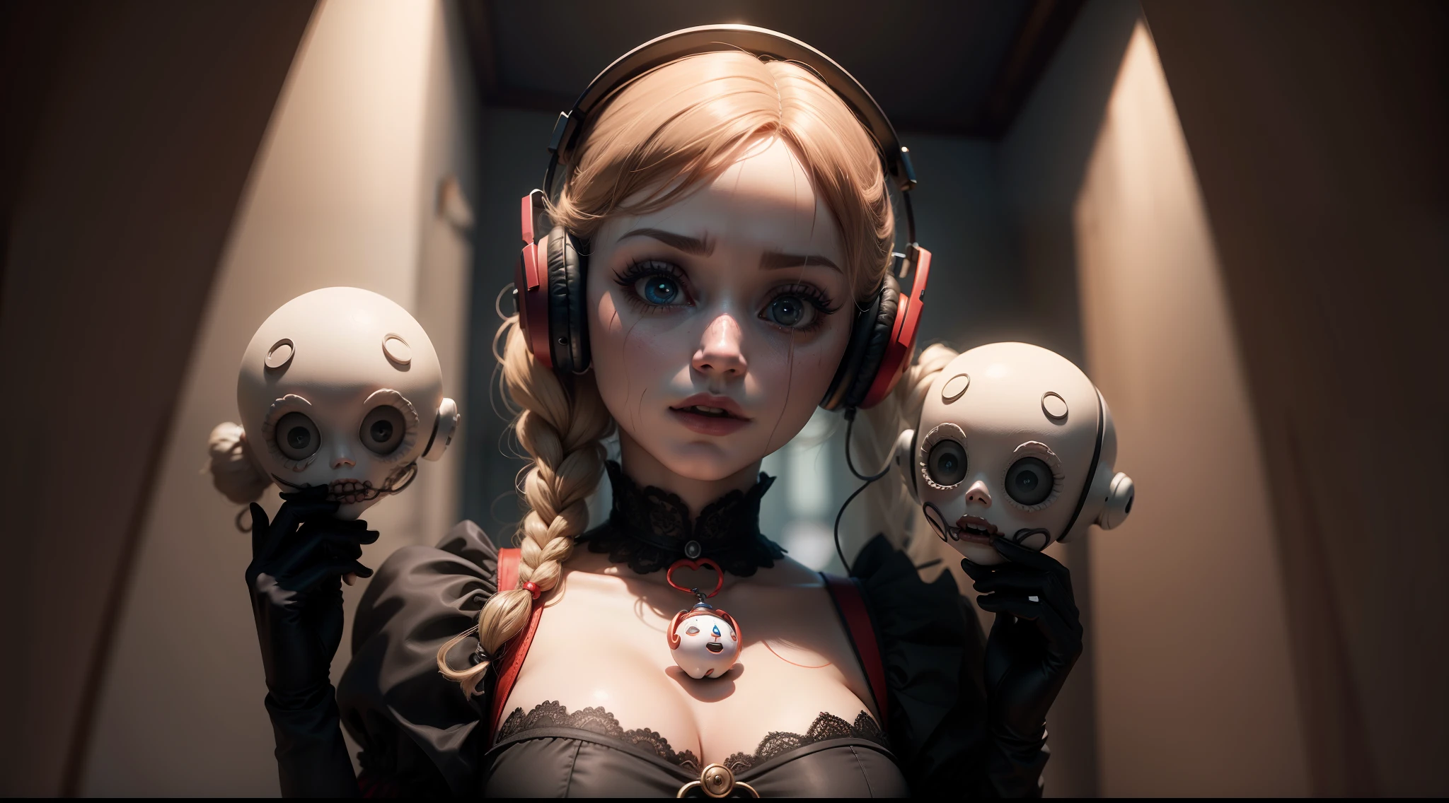 boneca annabelle horror com fones de ouvido 8k