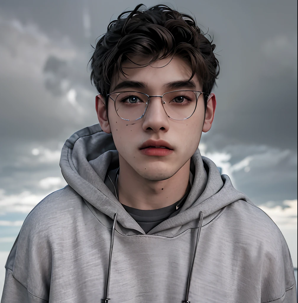(masterpiece:1.2), (best quality:1.2), hyper realistic,highestres,absurdres,extremely detailed,volumetic,dramatic lighting,(frontal view),
20 year old boy,face,detailed eyes, grey hoodie, black t-shirt, with background ((sky))